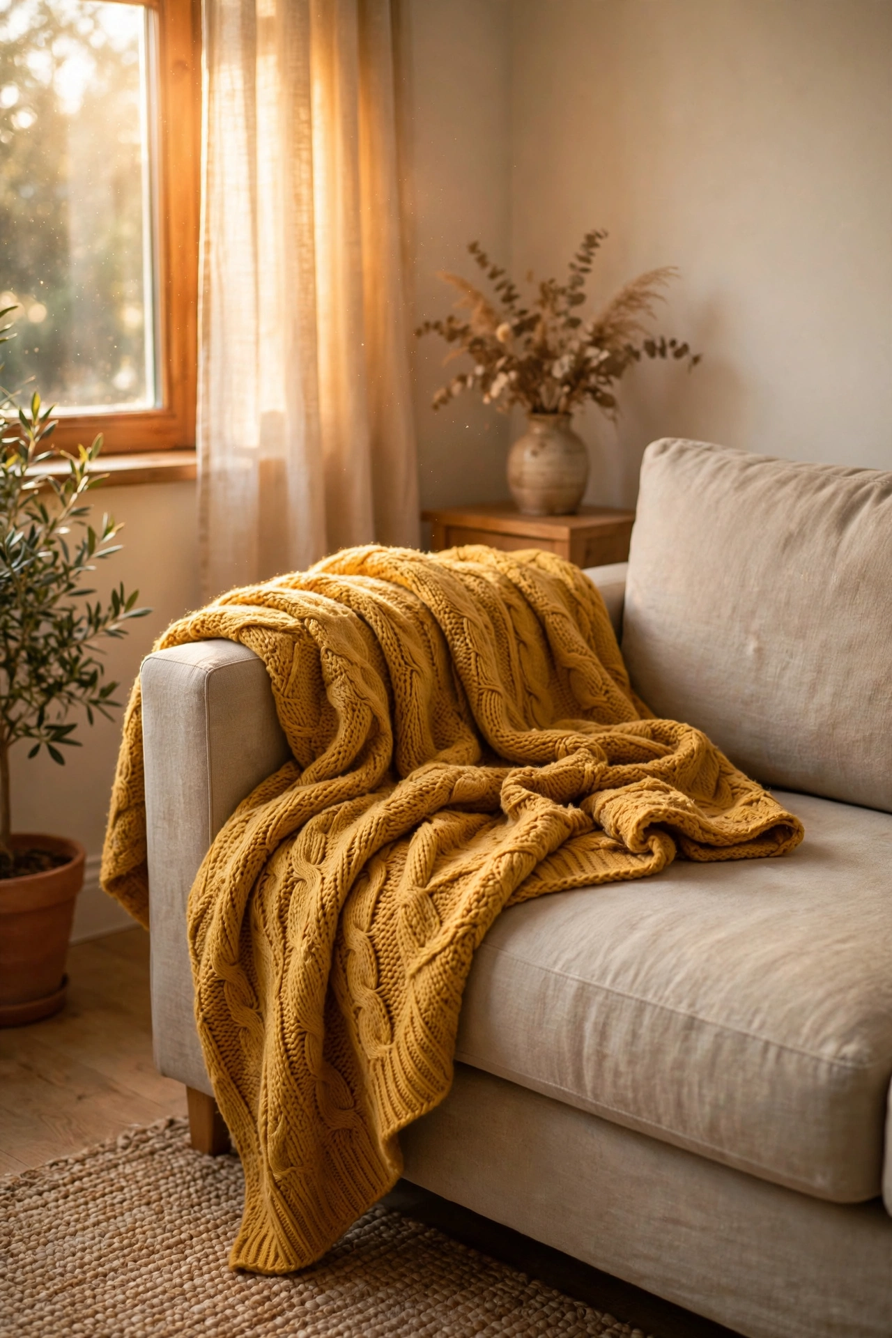 Mustard yellow knit throw blanket draped over a sofa arm in a living room