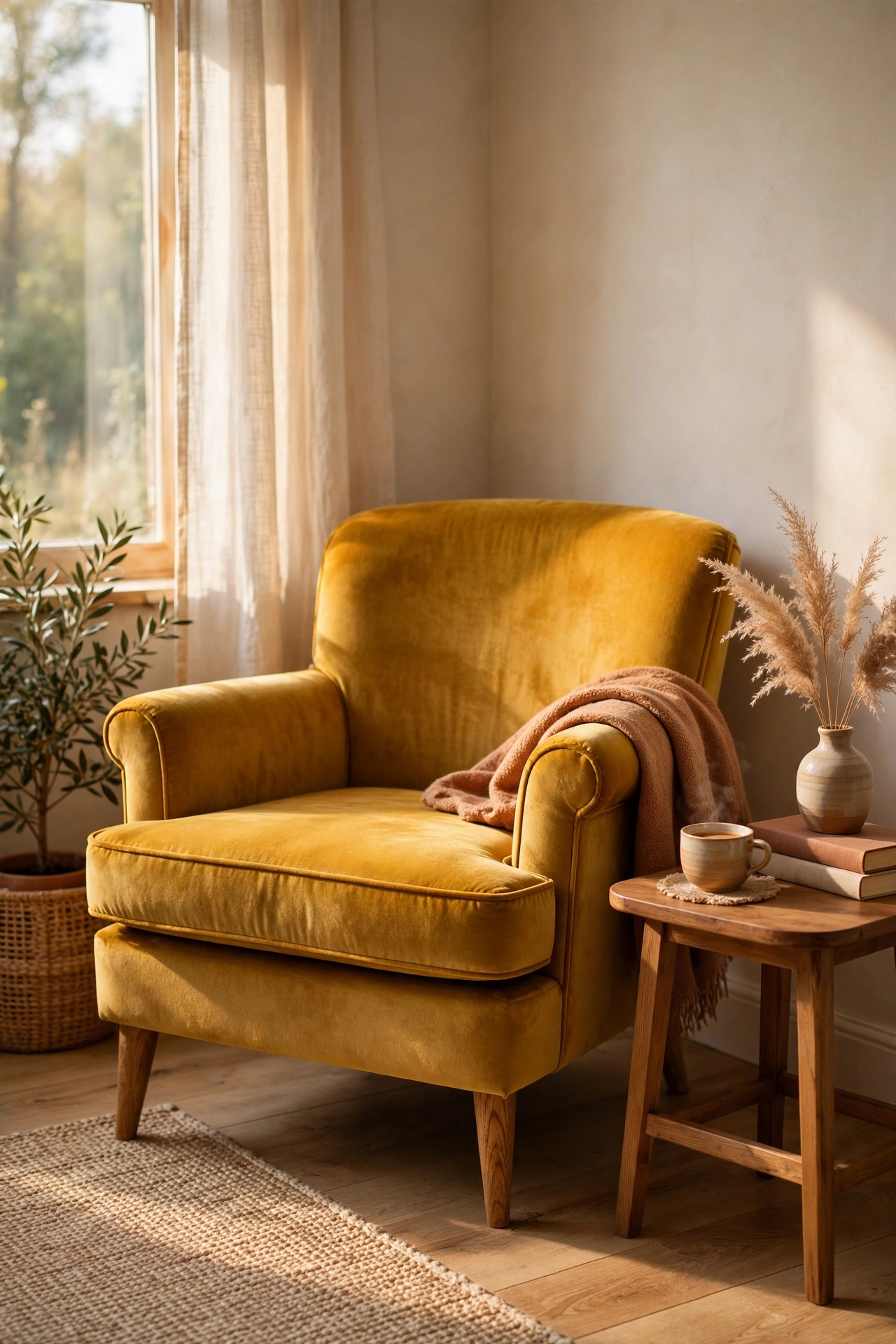 Thrifted mustard yellow velvet accent chair in a cozy living room