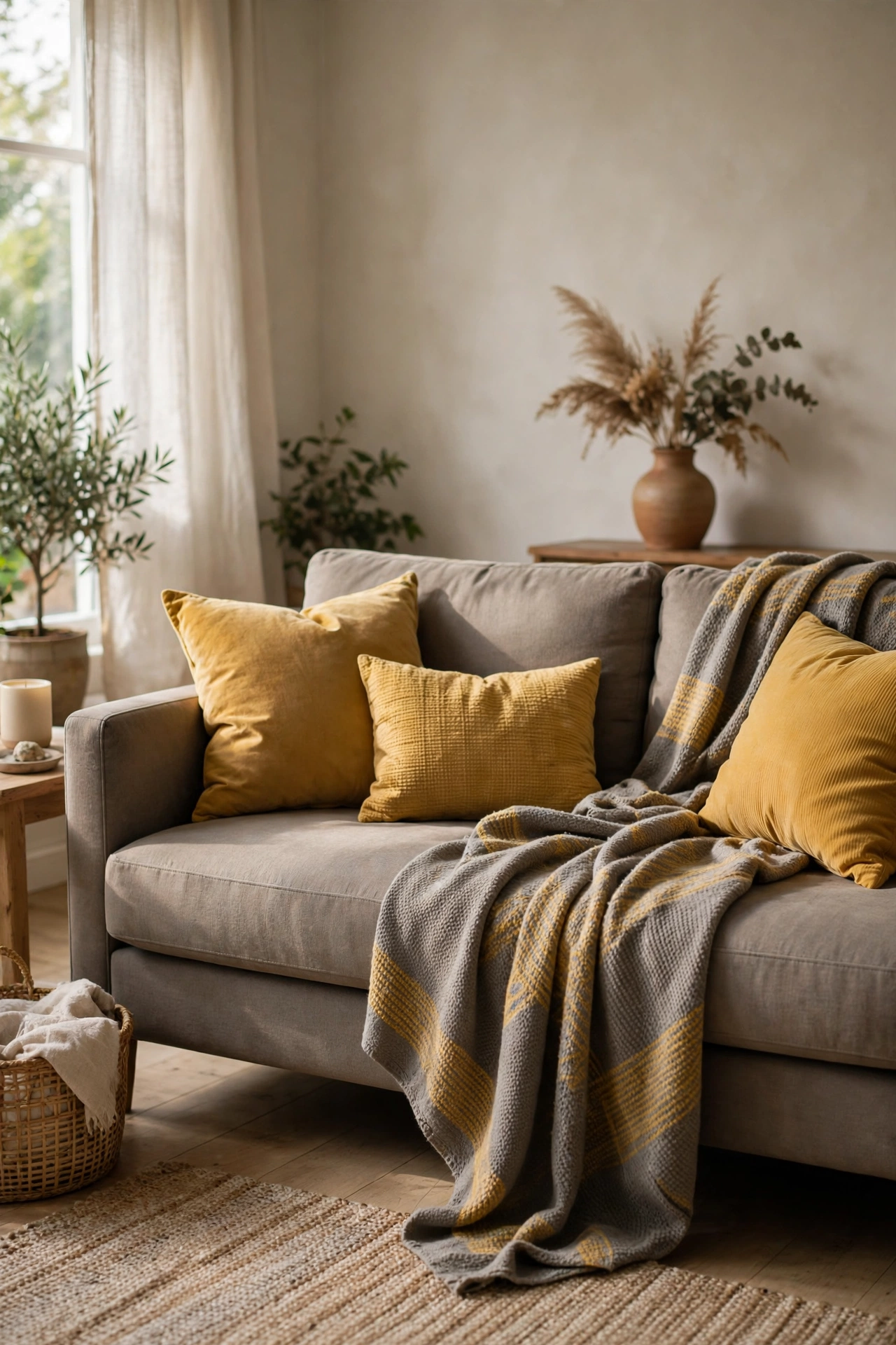Mustard yellow pillows on a warm gray sofa in a sophisticated living room