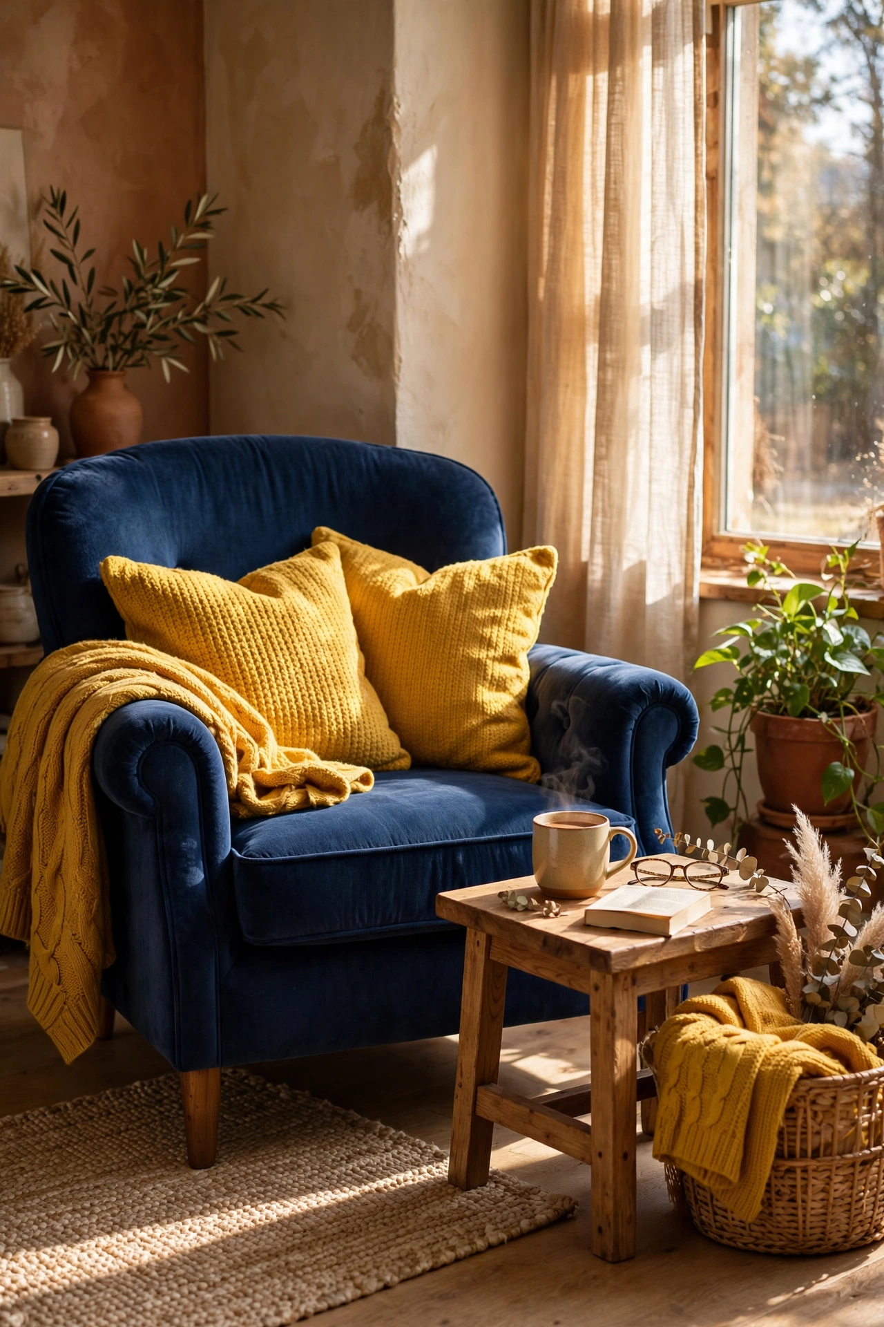 Mustard yellow pillows on a navy blue armchair in a living room