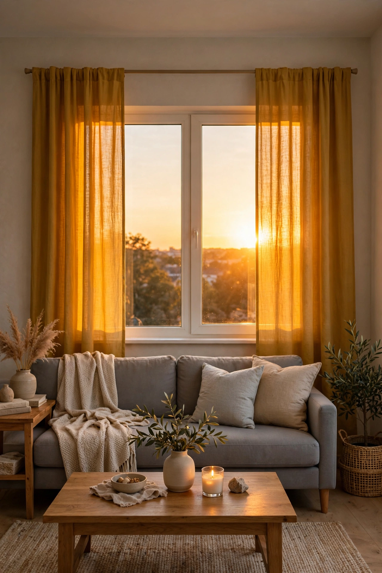 Mustard yellow curtain panels glowing in a neutral living room