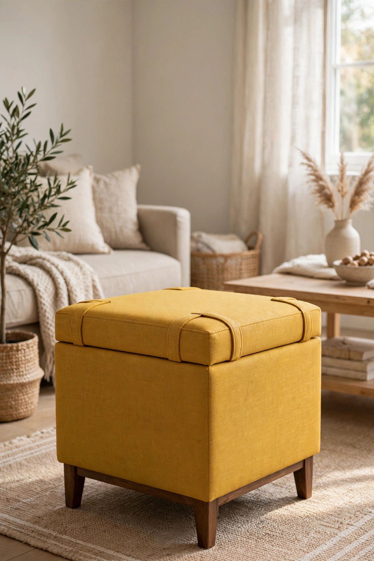 Mustard yellow storage ottoman in a neutral living room