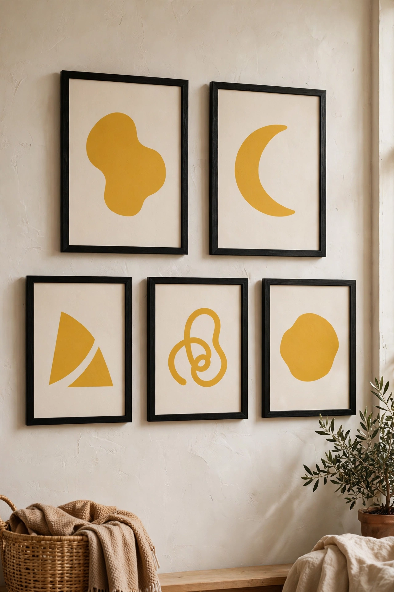 Gallery wall art with mustard yellow tones in black frames in a living room