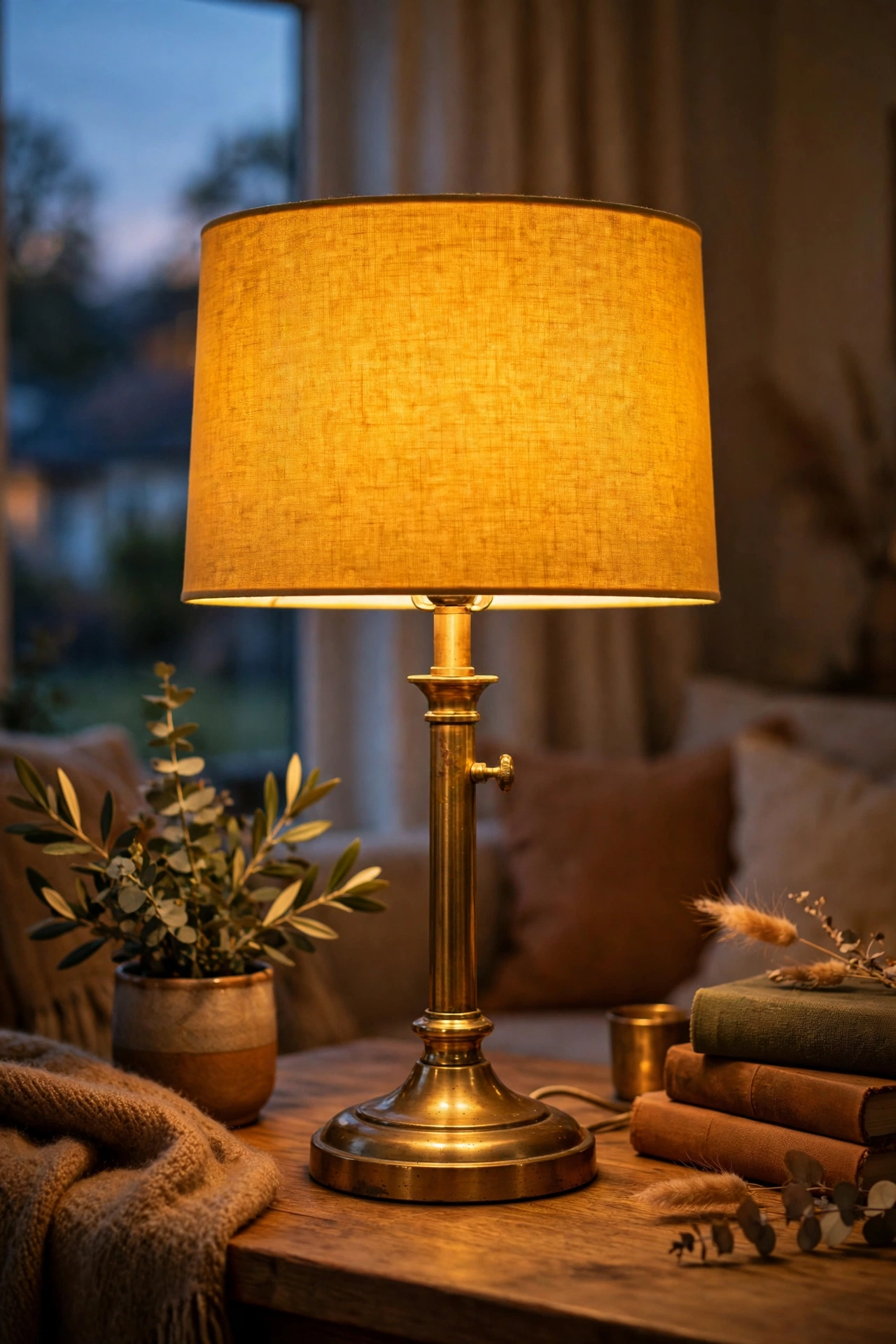 Brass lamp with a mustard yellow drum shade glowing in a living room