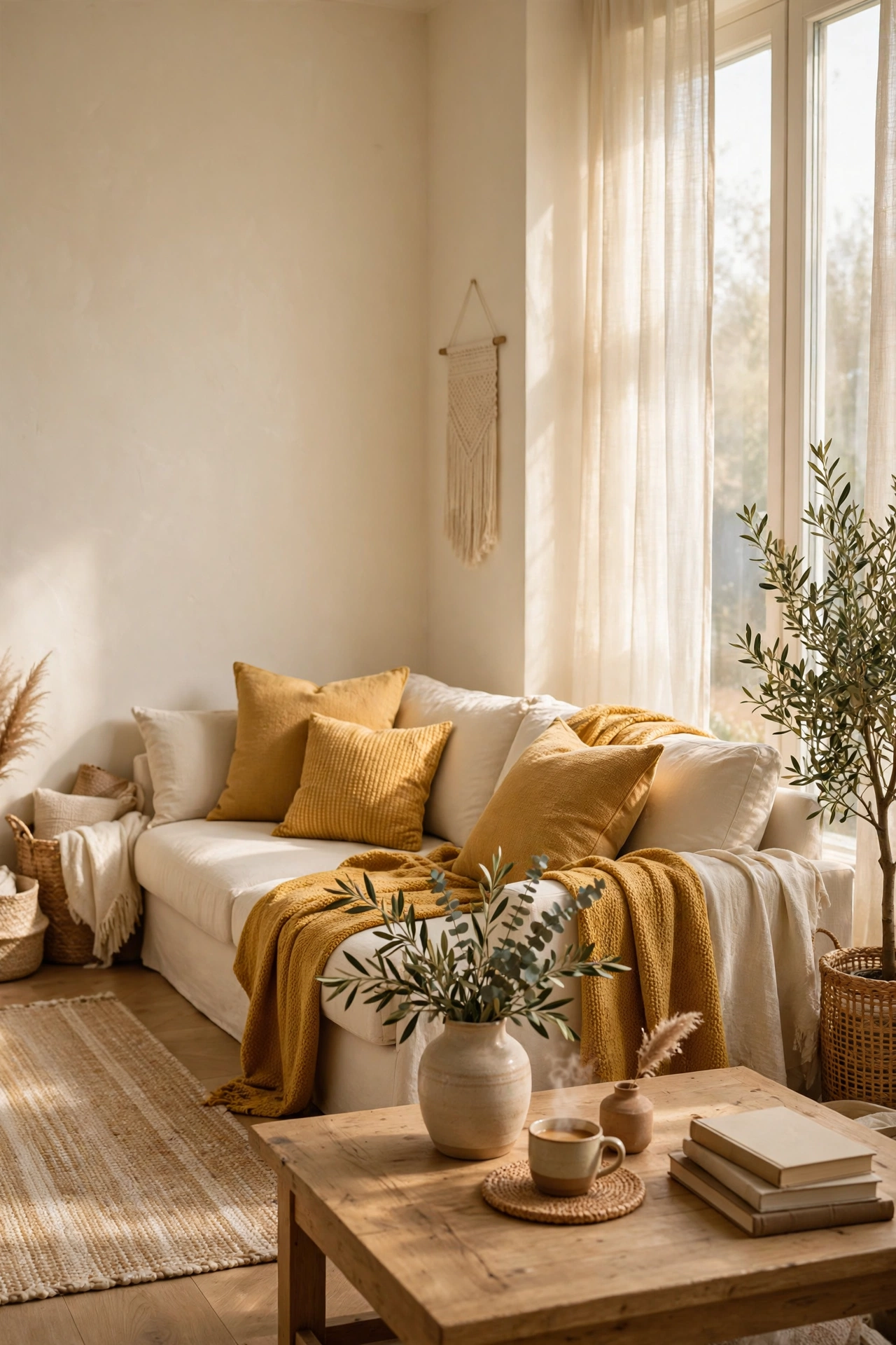 Calm cream living room with mustard yellow pillows and throw accents