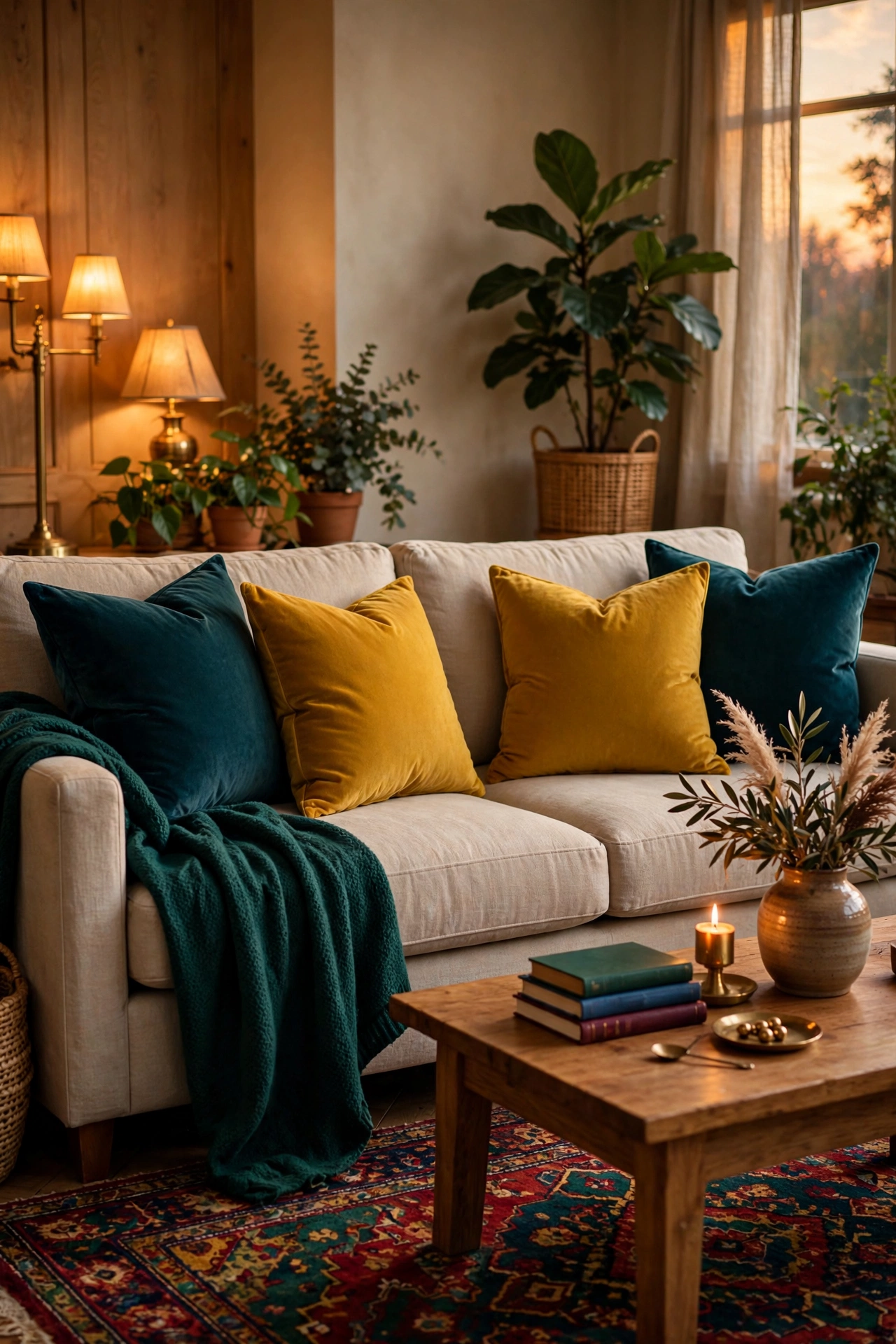 Mustard yellow and deep teal velvet pillows on a neutral sofa