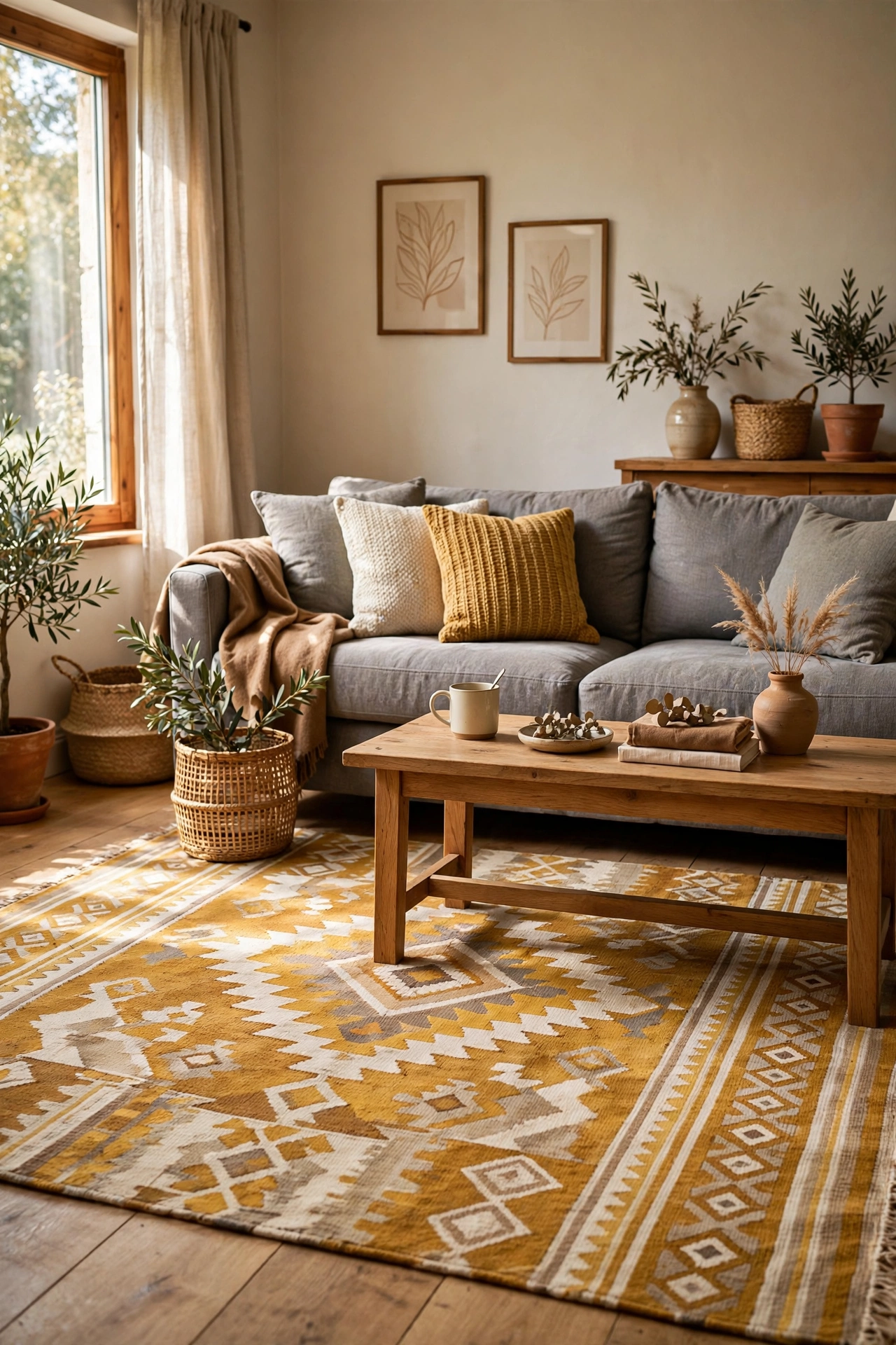 Mustard and cream patterned flatweave rug in a cozy living room