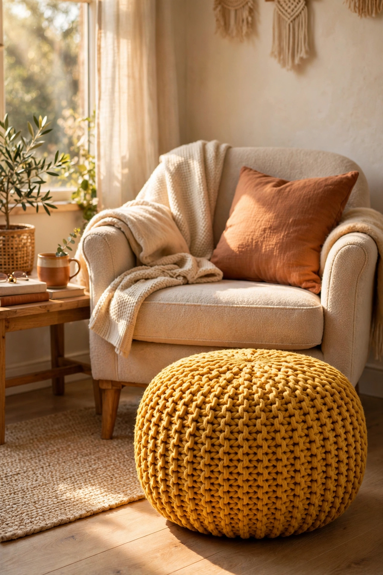 Mustard yellow knit pouf as footrest by a reading chair