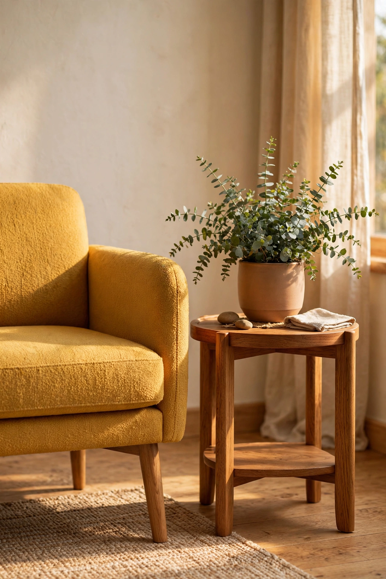 Mustard yellow chair beside an oak wood side table in a living room