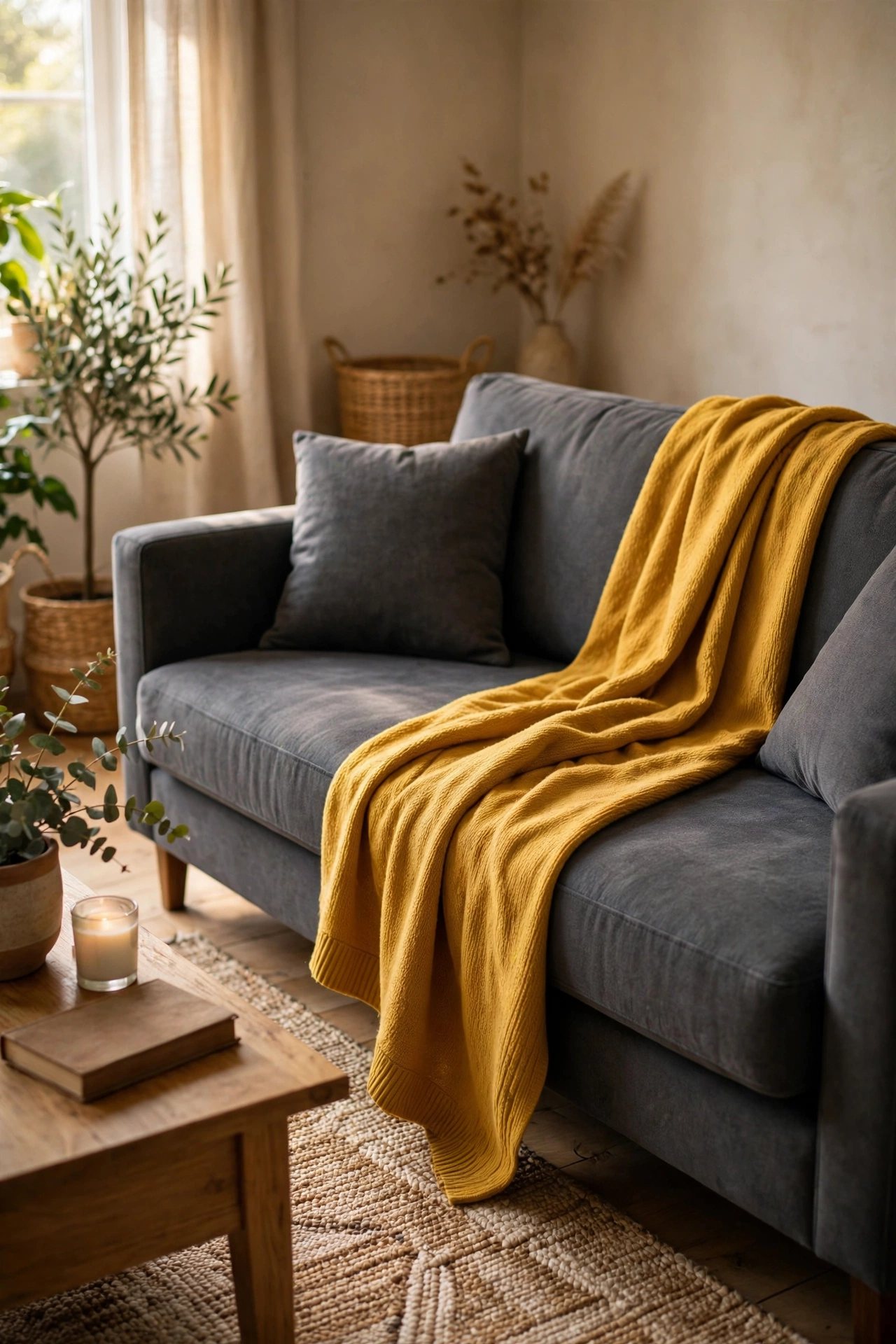 Mustard yellow throw draped on a charcoal gray sofa in a living room