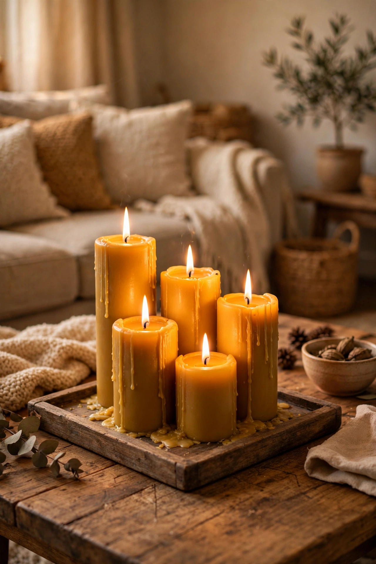 Mustard colored pillar candles grouped on a tray on a coffee table