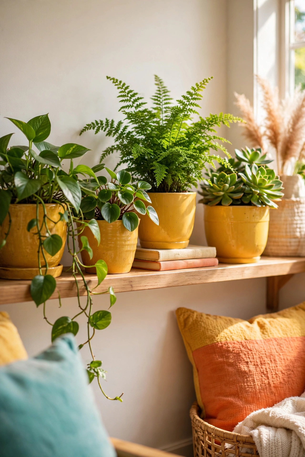 Green plants in mustard yellow ceramic pots on a living room shelf