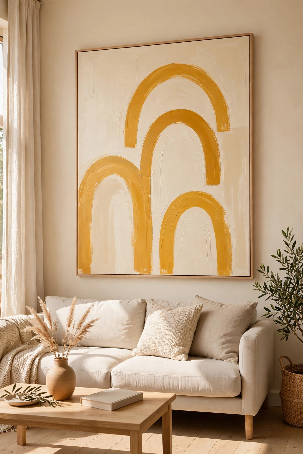 DIY abstract canvas art with mustard yellow arches above a sofa