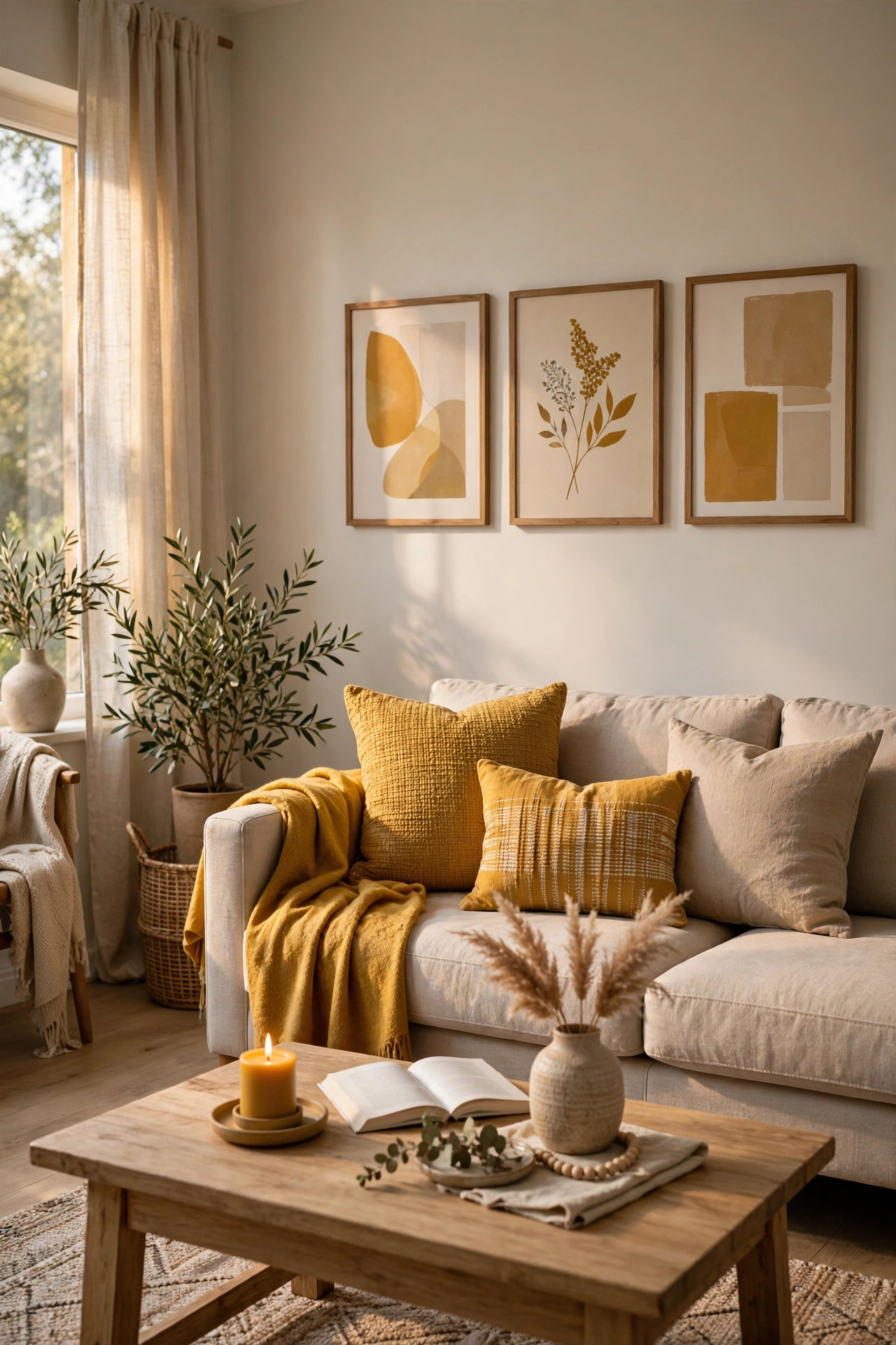 Living room with scattered mustard accents in pillows throw and decor