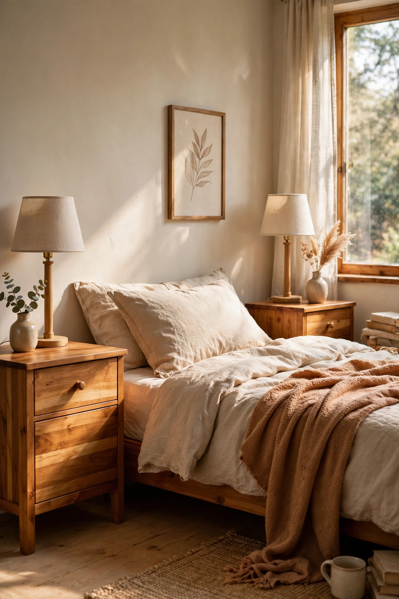 Pair of refreshed solid wood nightstands flanking a styled bed