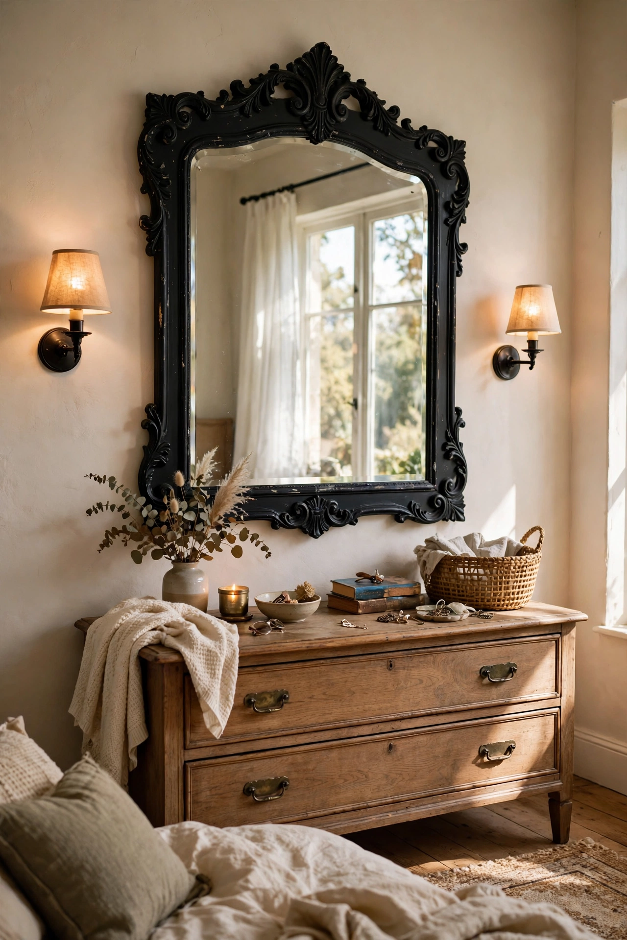 Large ornate mirror with matte black frame reflecting a bedroom window