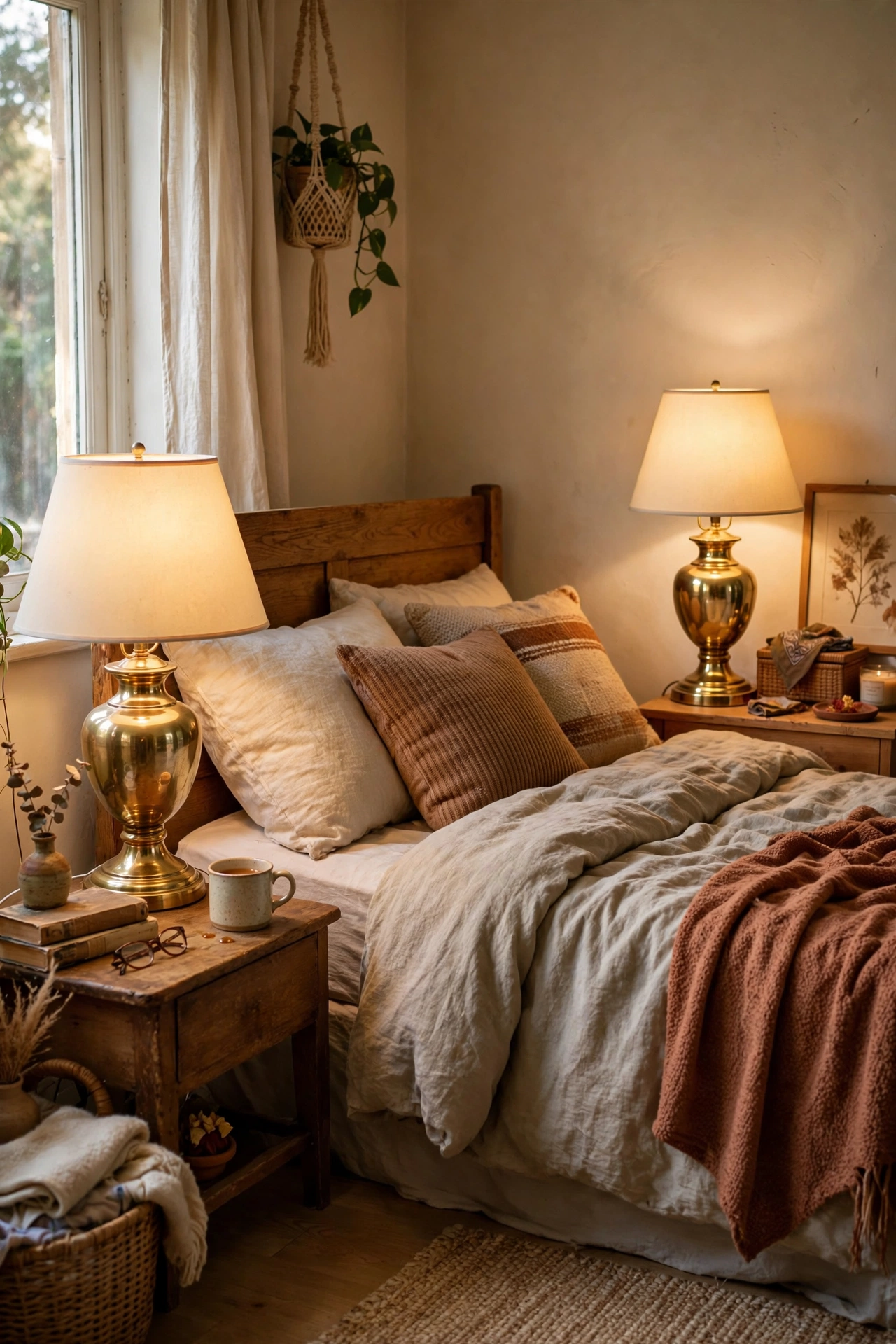 Pair of polished brass thrifted table lamps with cream shades glowing