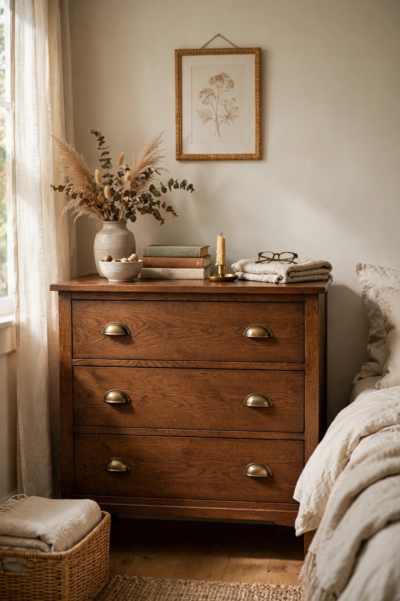 Refinished solid oak dresser with brass cup pulls in a bedroom