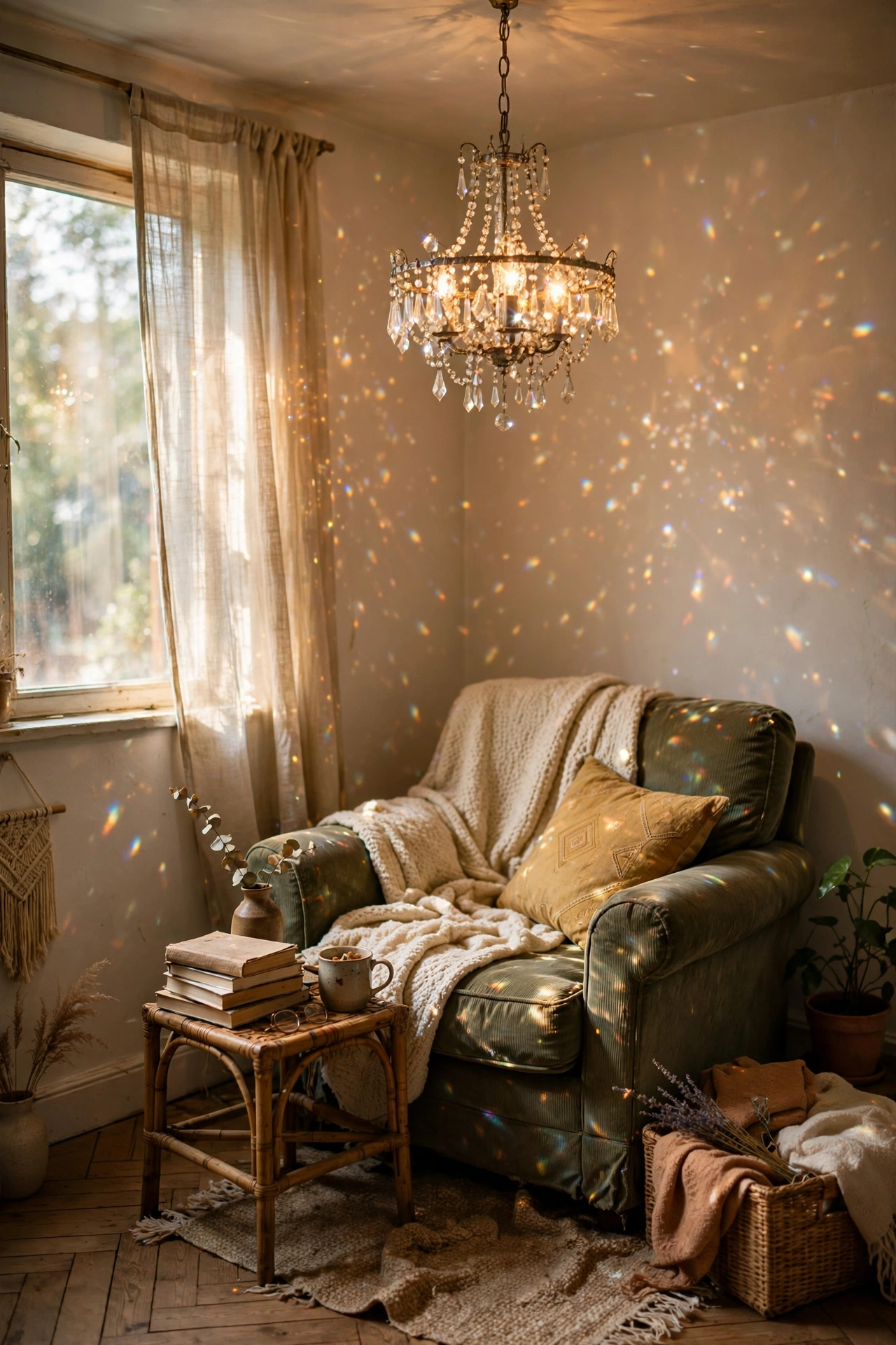 Small crystal chandelier sparkling over a bedroom reading corner