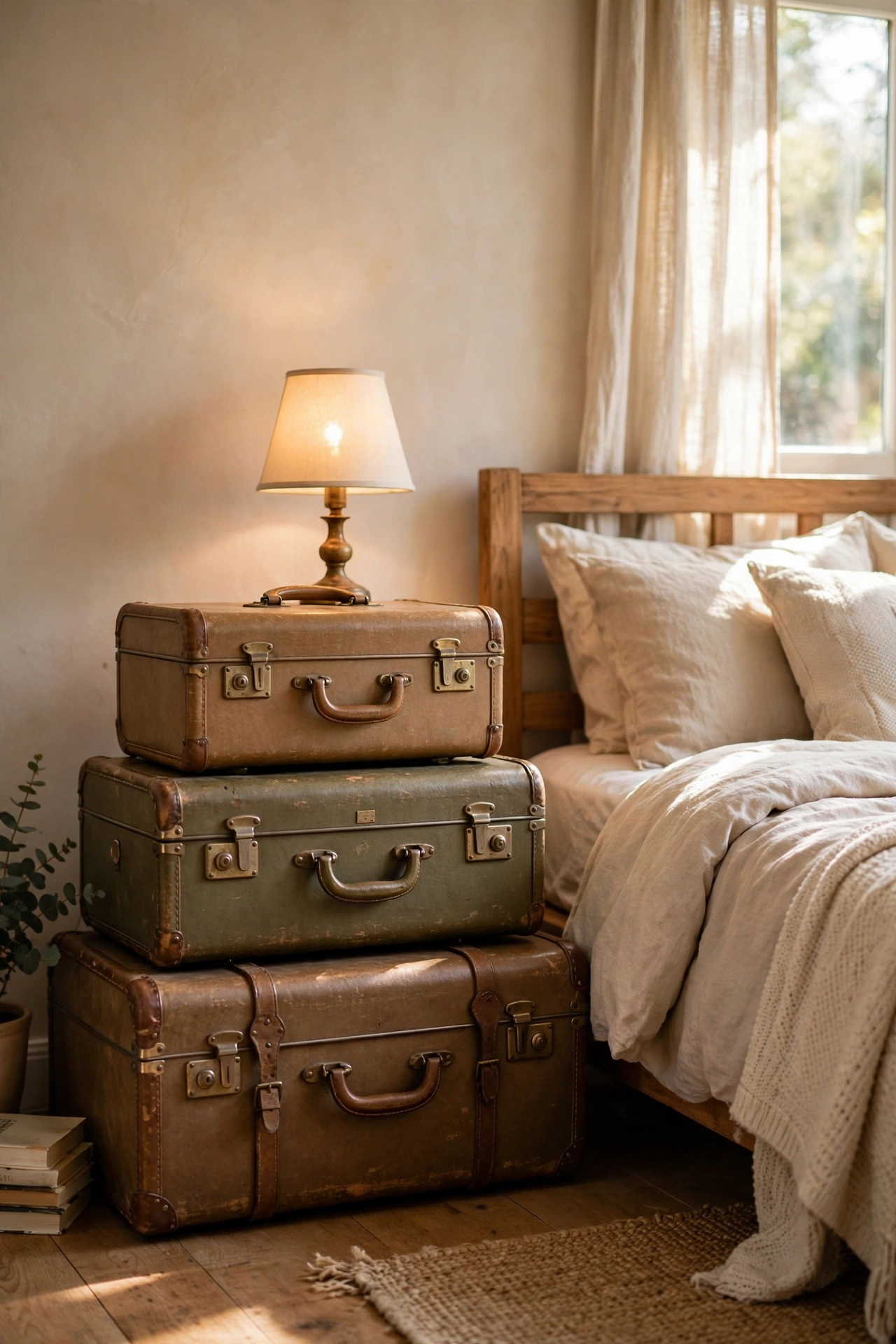 Stack of three vintage hard-shell suitcases used as a bedside table