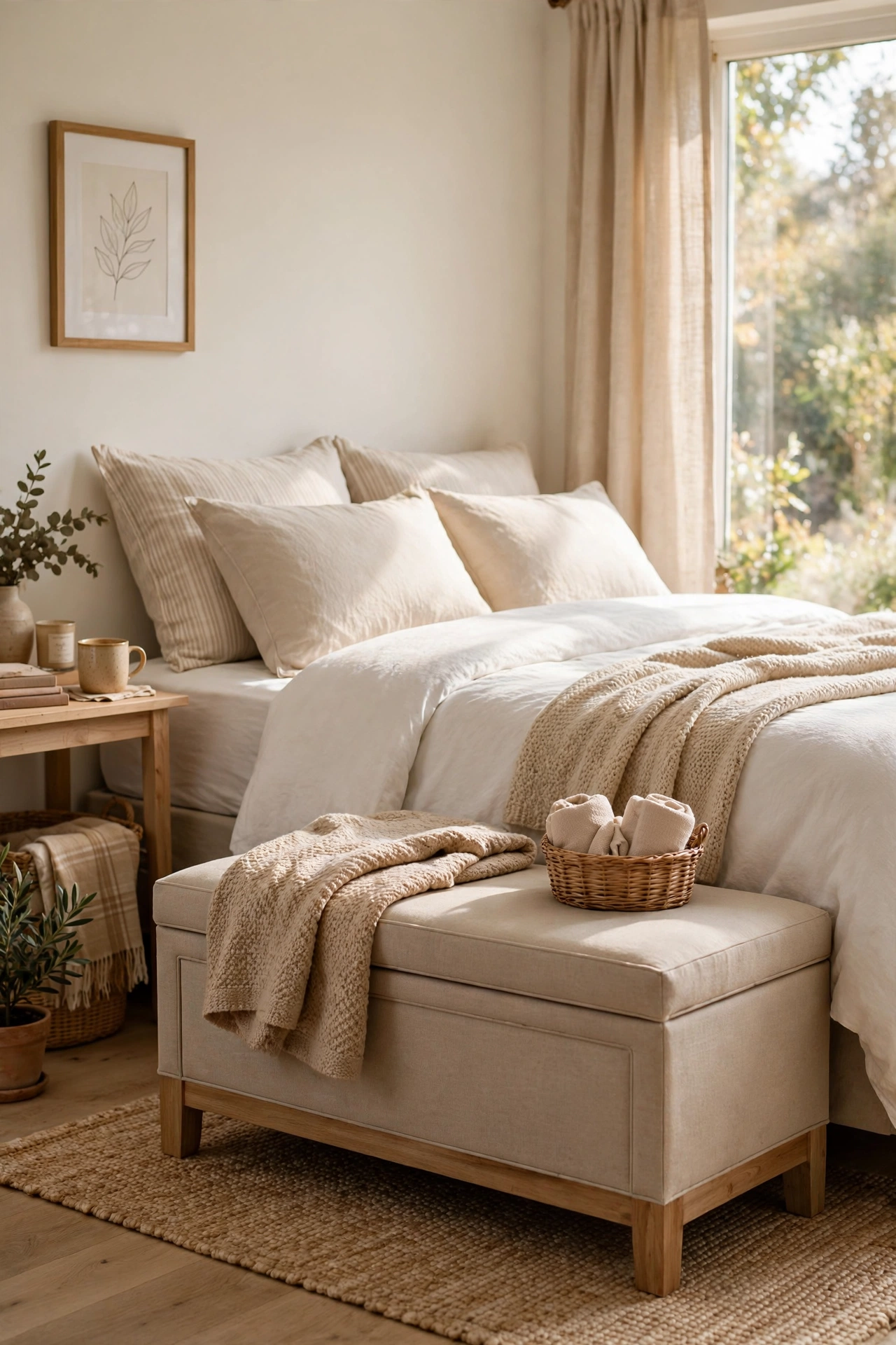 Reupholstered storage bench in neutral canvas at the foot of a bed