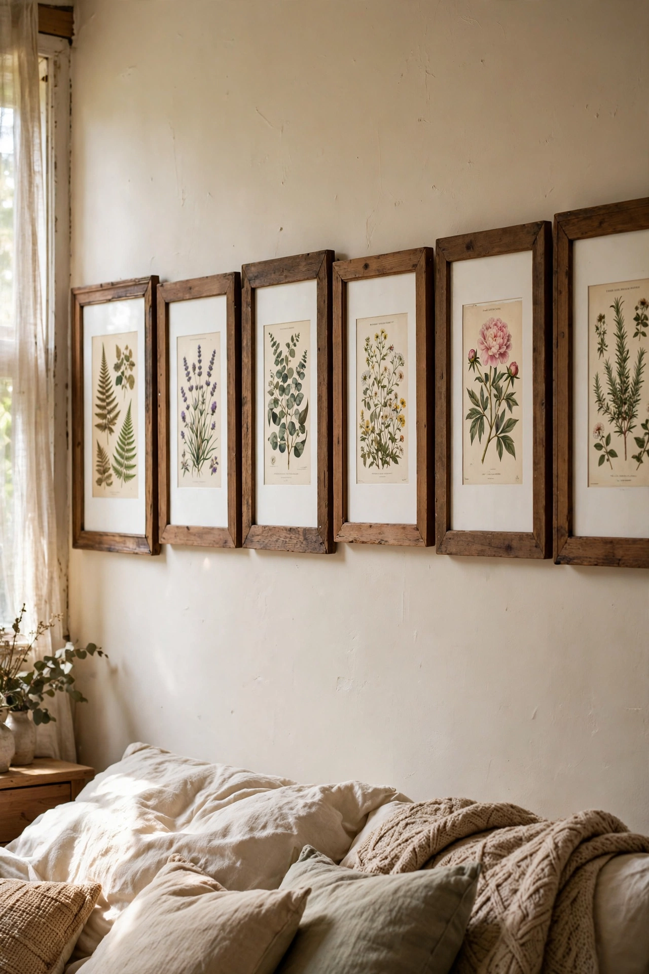 Gallery wall of thrifted wood frames with fresh white mats and botanical prints
