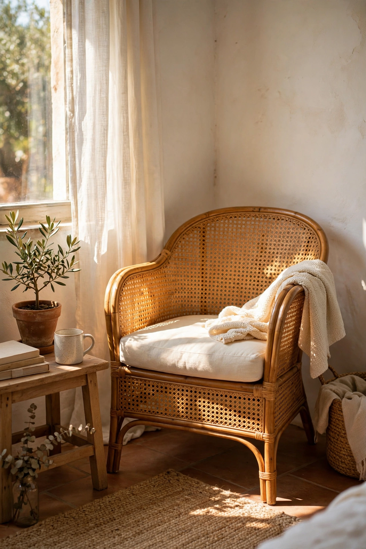 Rattan armchair with cream cushion in a sunny bedroom corner