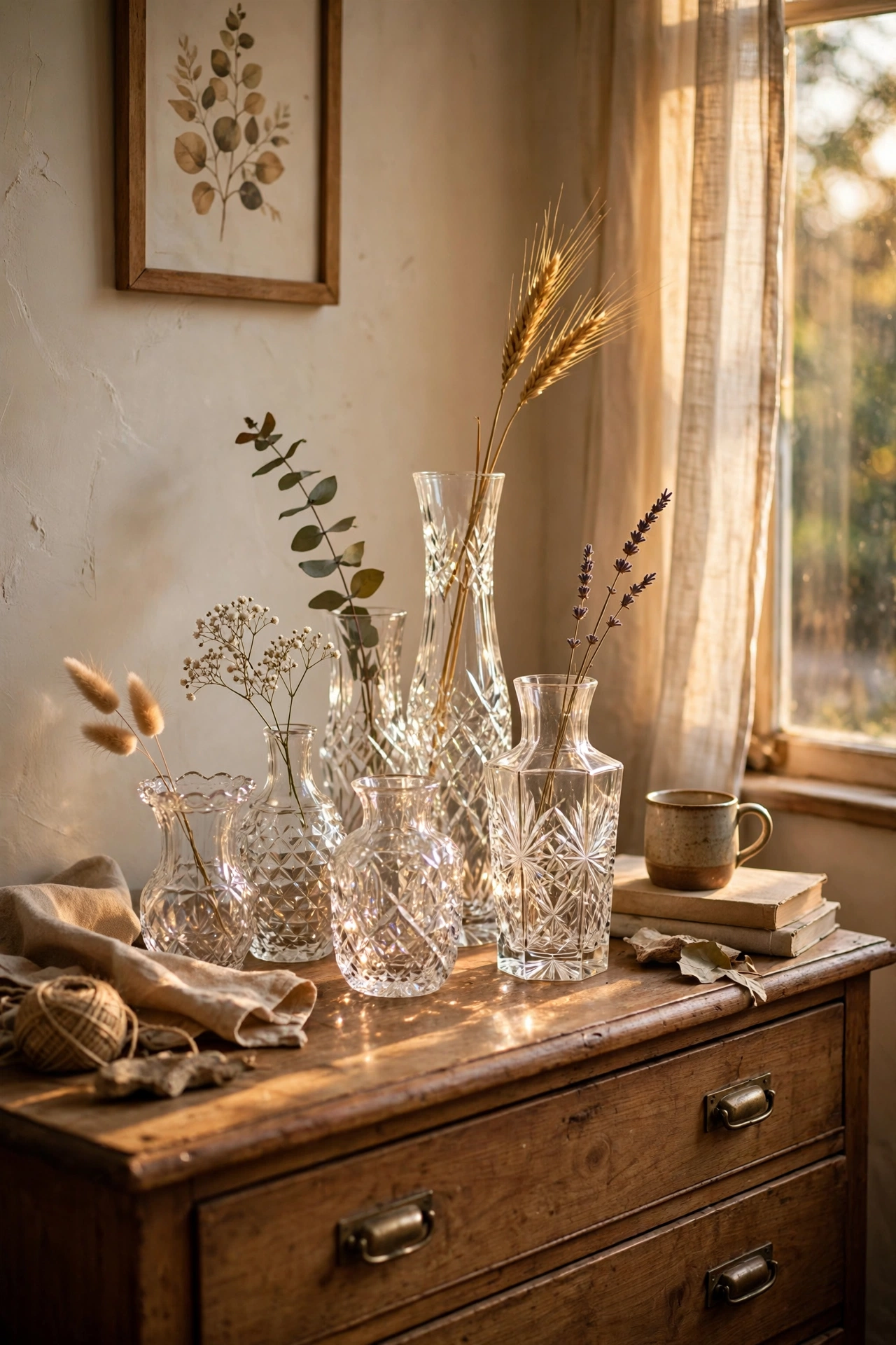 Cluster of sparkling cut-glass vases catching golden light on a dresser