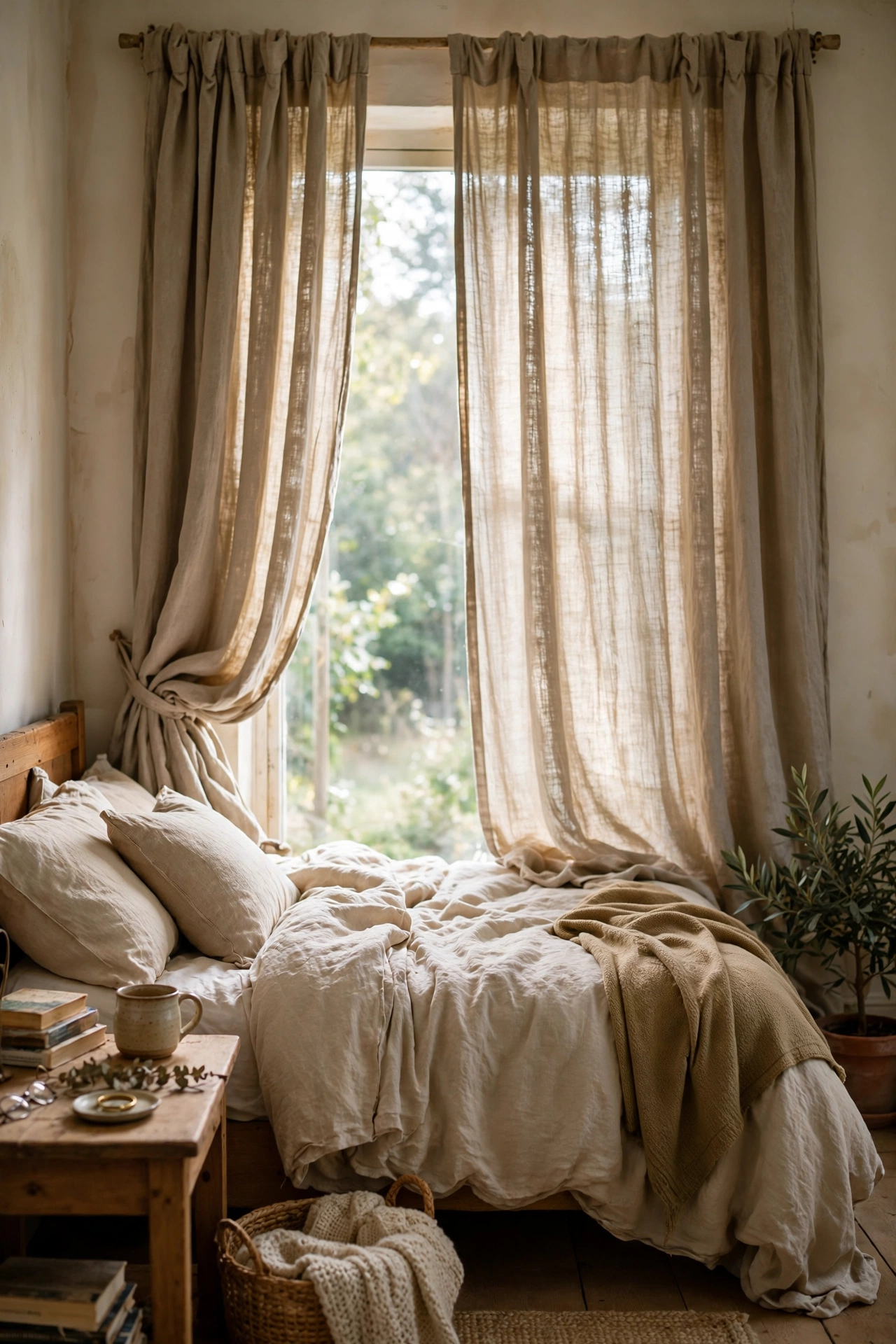 Full-length natural linen curtains hanging softly in a bedroom