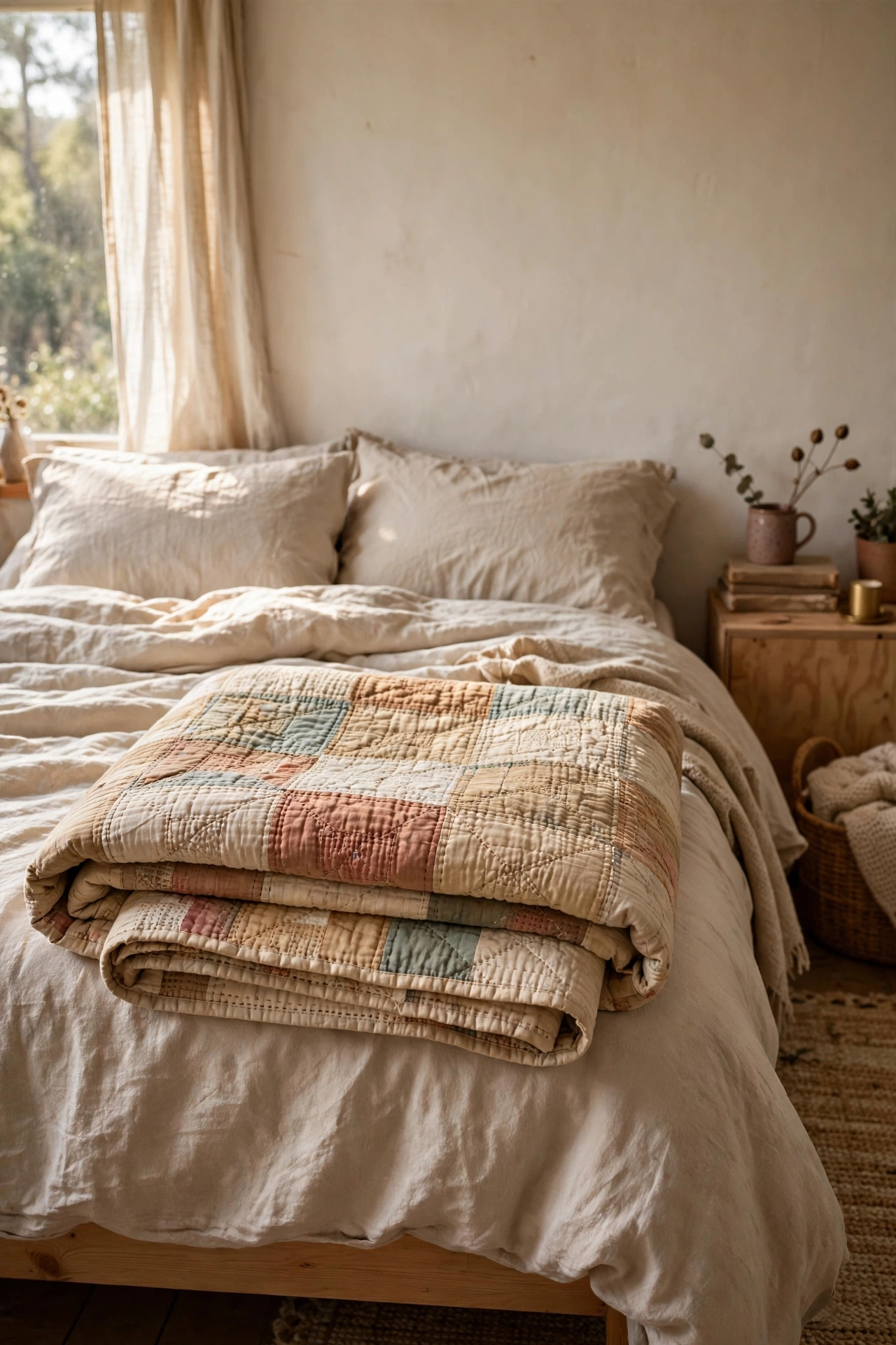 Vintage hand-quilted cotton quilt folded at the foot of a styled bed