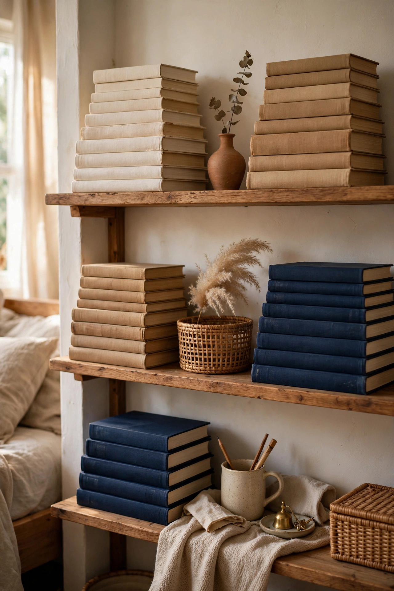 Shelves styled with colour-grouped hardcover book stacks in cream and navy