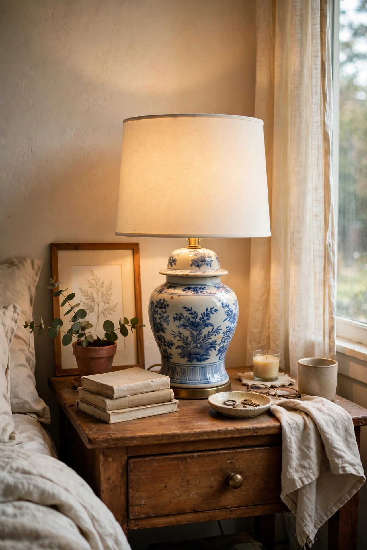 Ceramic ginger-jar lamp base with new cream drum shade on a nightstand
