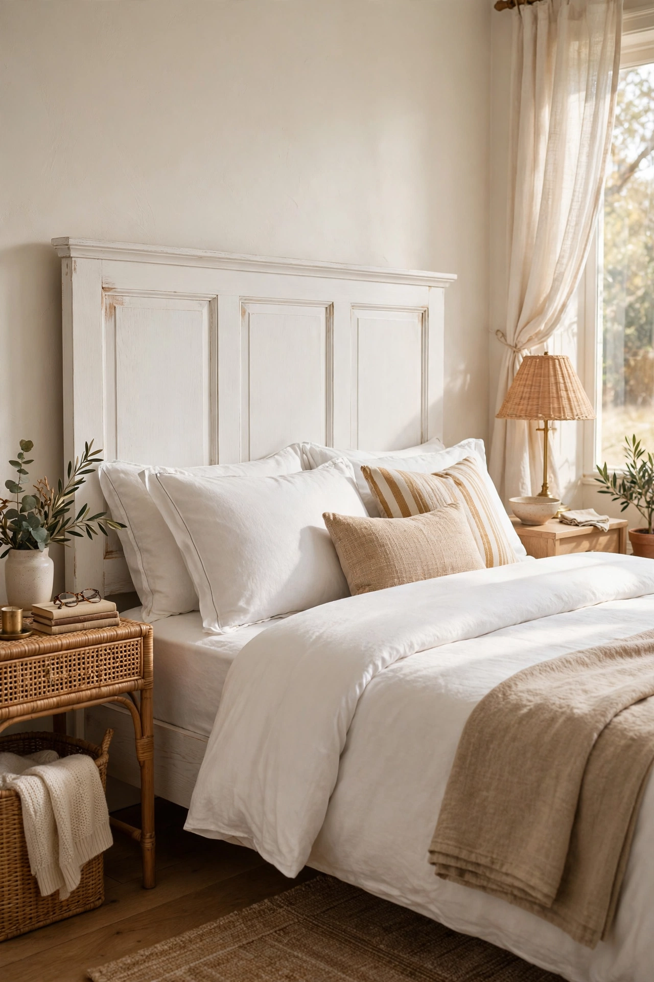Solid oak headboard painted warm white with clear wax finish