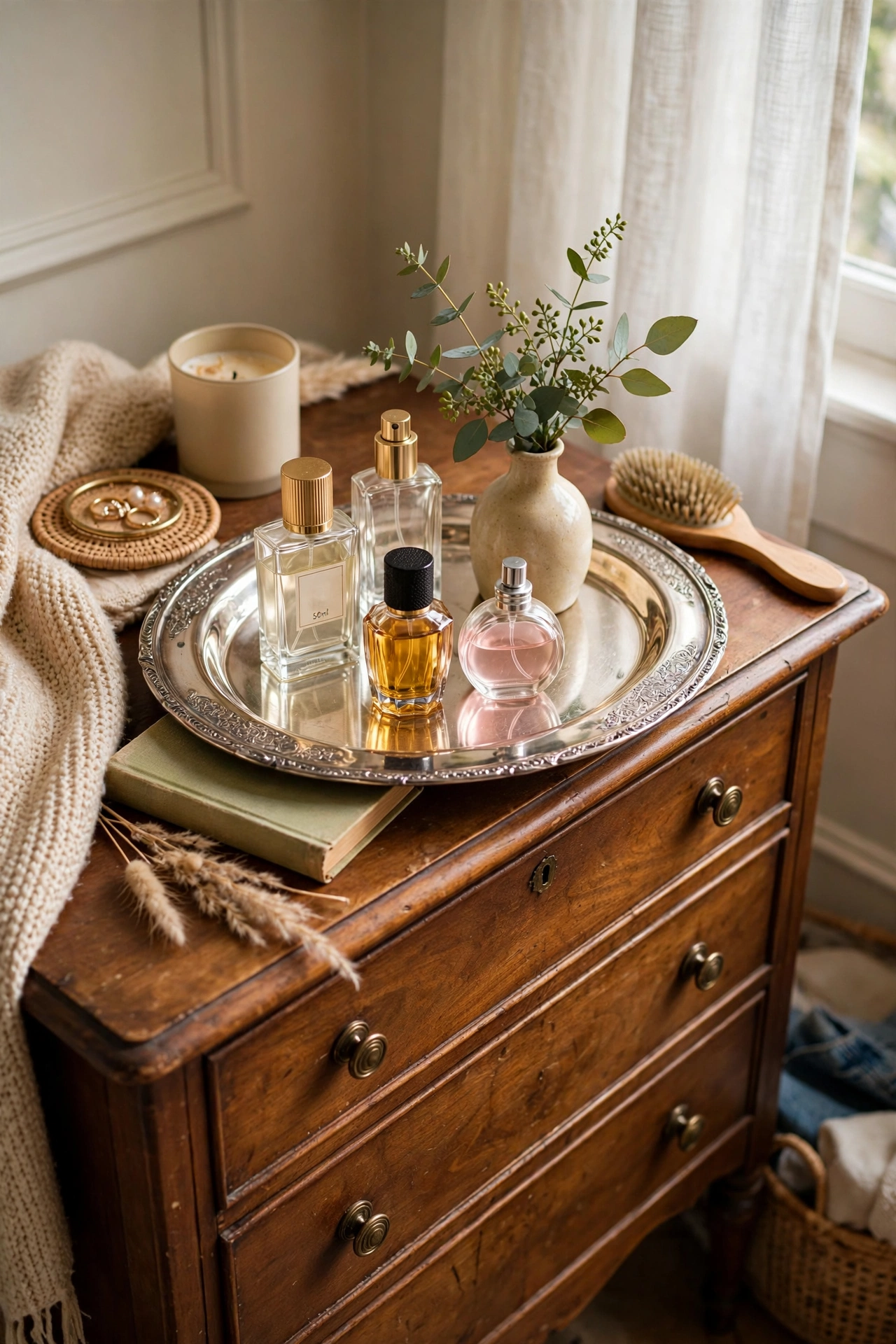 Polished silverplate tray holding perfume bottles on a bedroom dresser