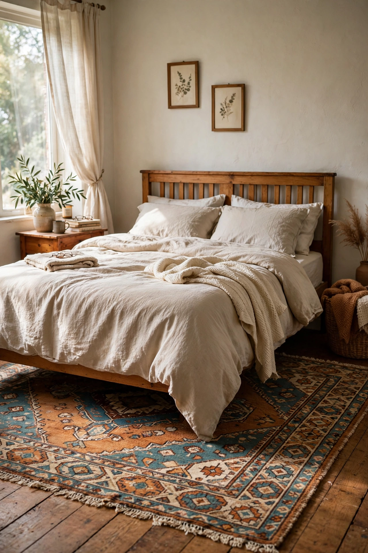 Vintage wool rug with clear pattern anchoring a styled bedroom