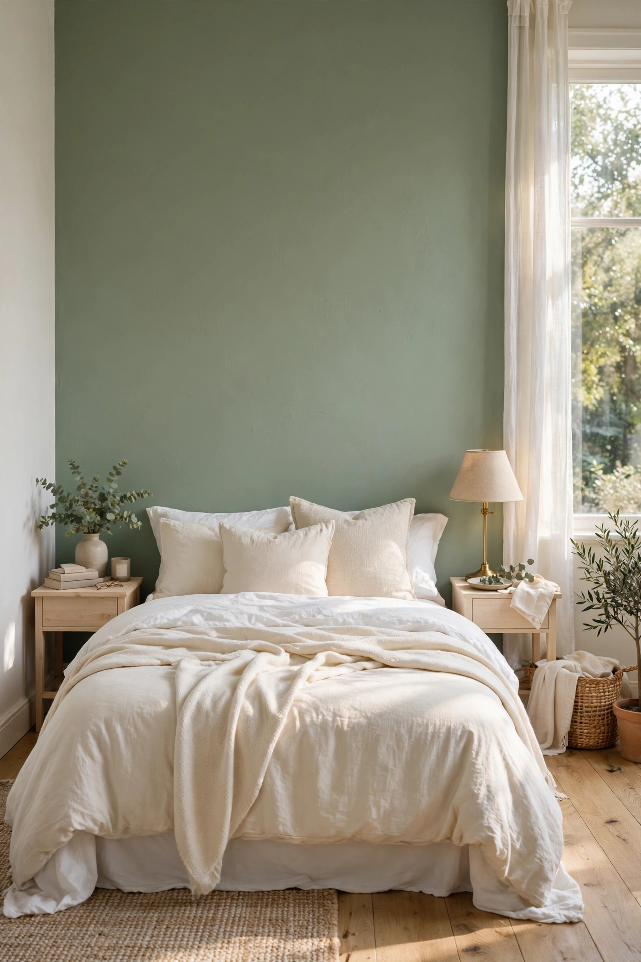 Bedroom with a sage green accent wall behind a white bed