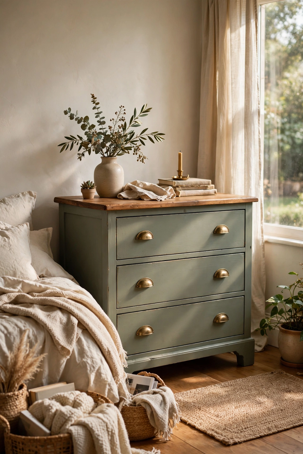 Wooden dresser painted sage green with brass cup pulls in a bedroom