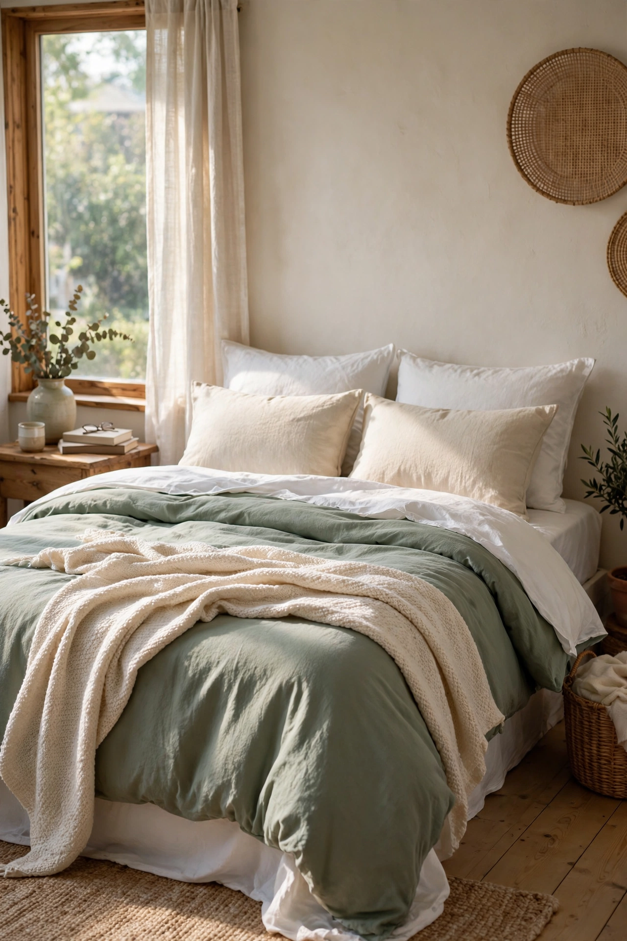 Bed with layered sage green and cream bedding and knit throw