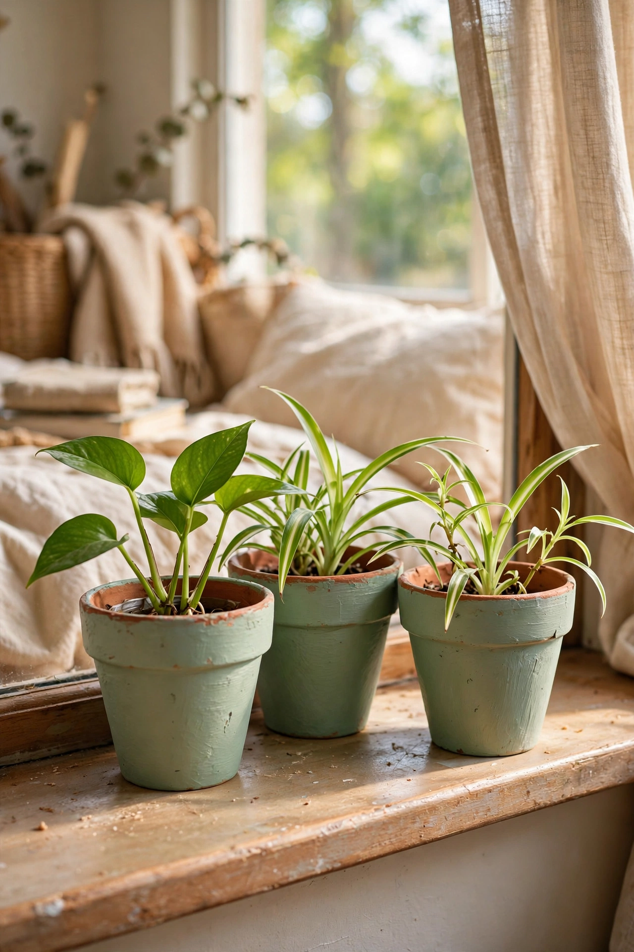 Small terracotta pots painted sage green with trailing plants on a windowsill