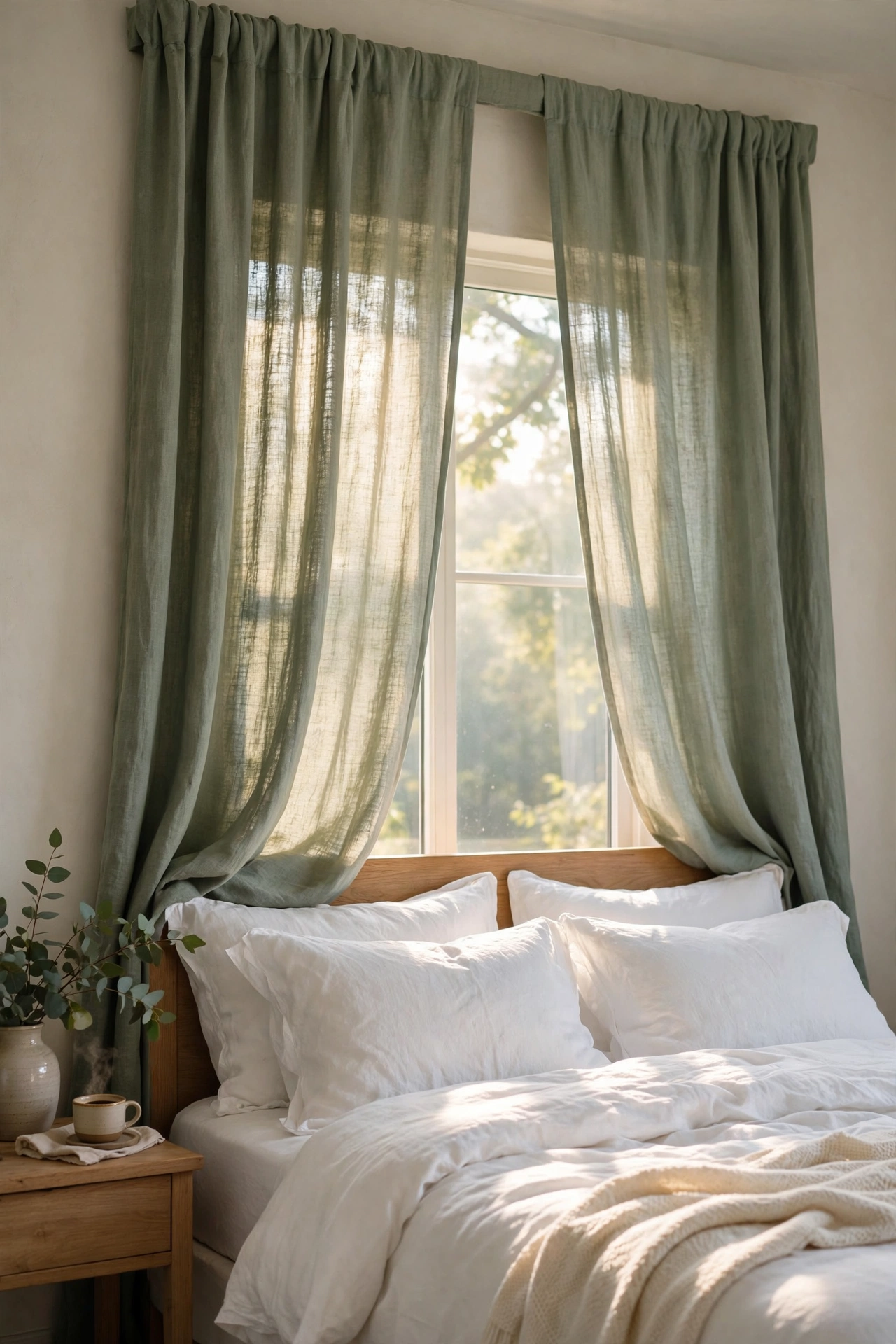 Sage green linen-look curtain panels hung high over a bedroom window