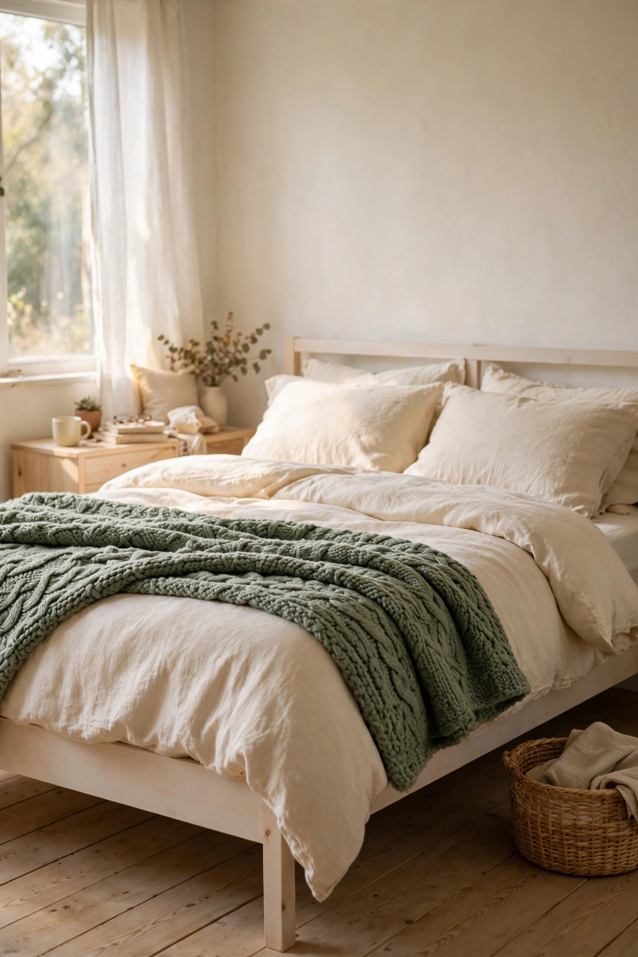 Chunky sage green knit throw folded across the foot of a white bed