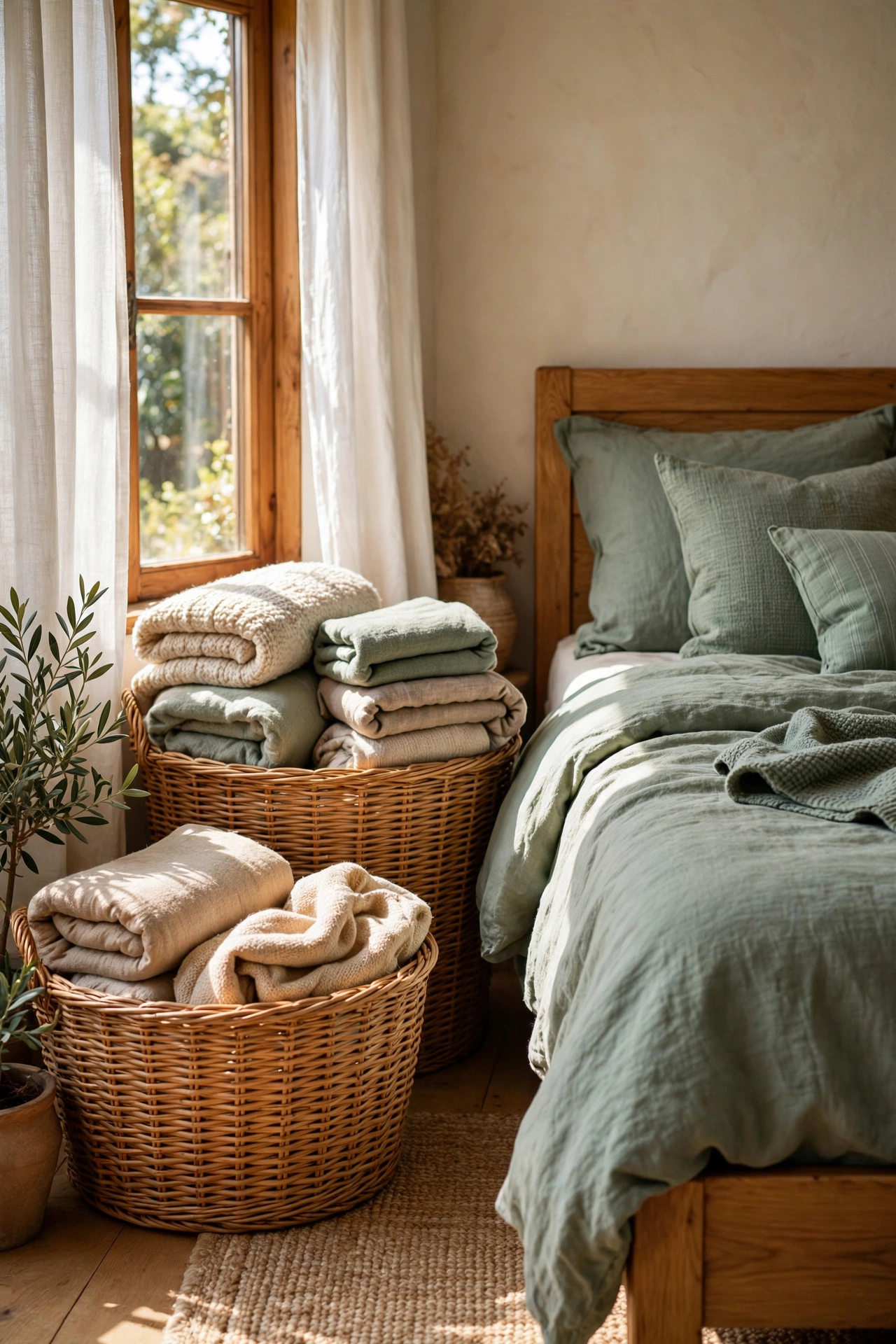 Natural wicker storage baskets holding blankets beside a sage green bed