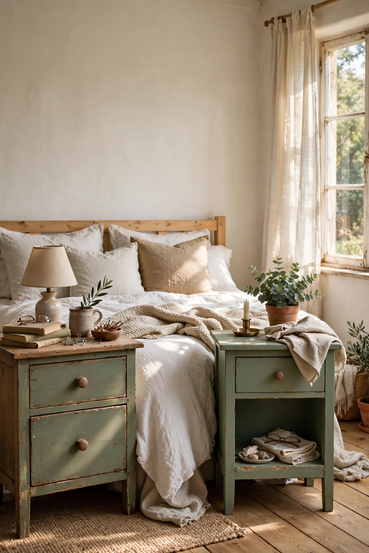 Pair of mismatched wooden nightstands painted sage green beside a bed