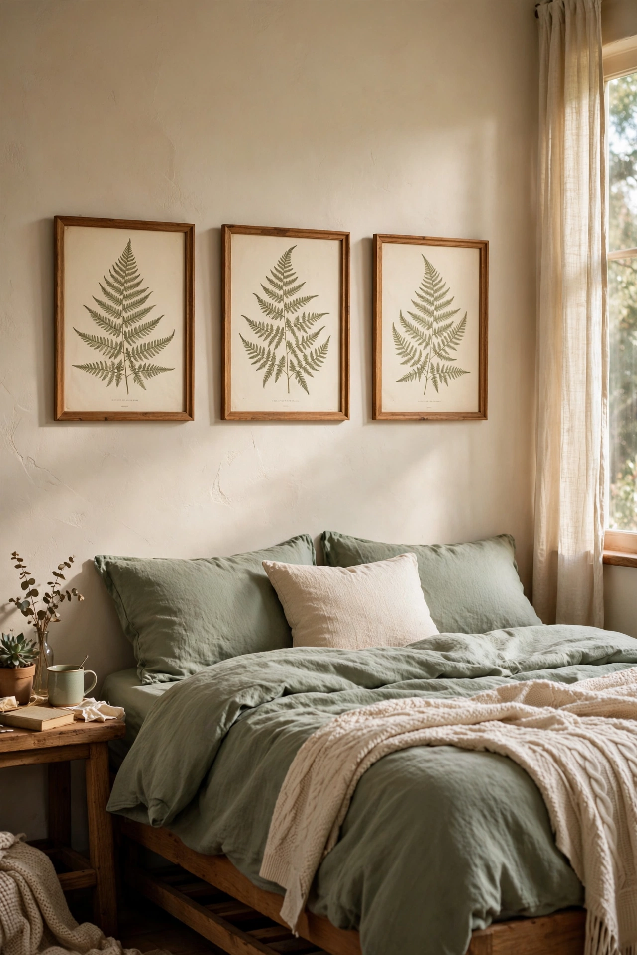 Three framed botanical fern prints hung in a row above a sage bedroom bed
