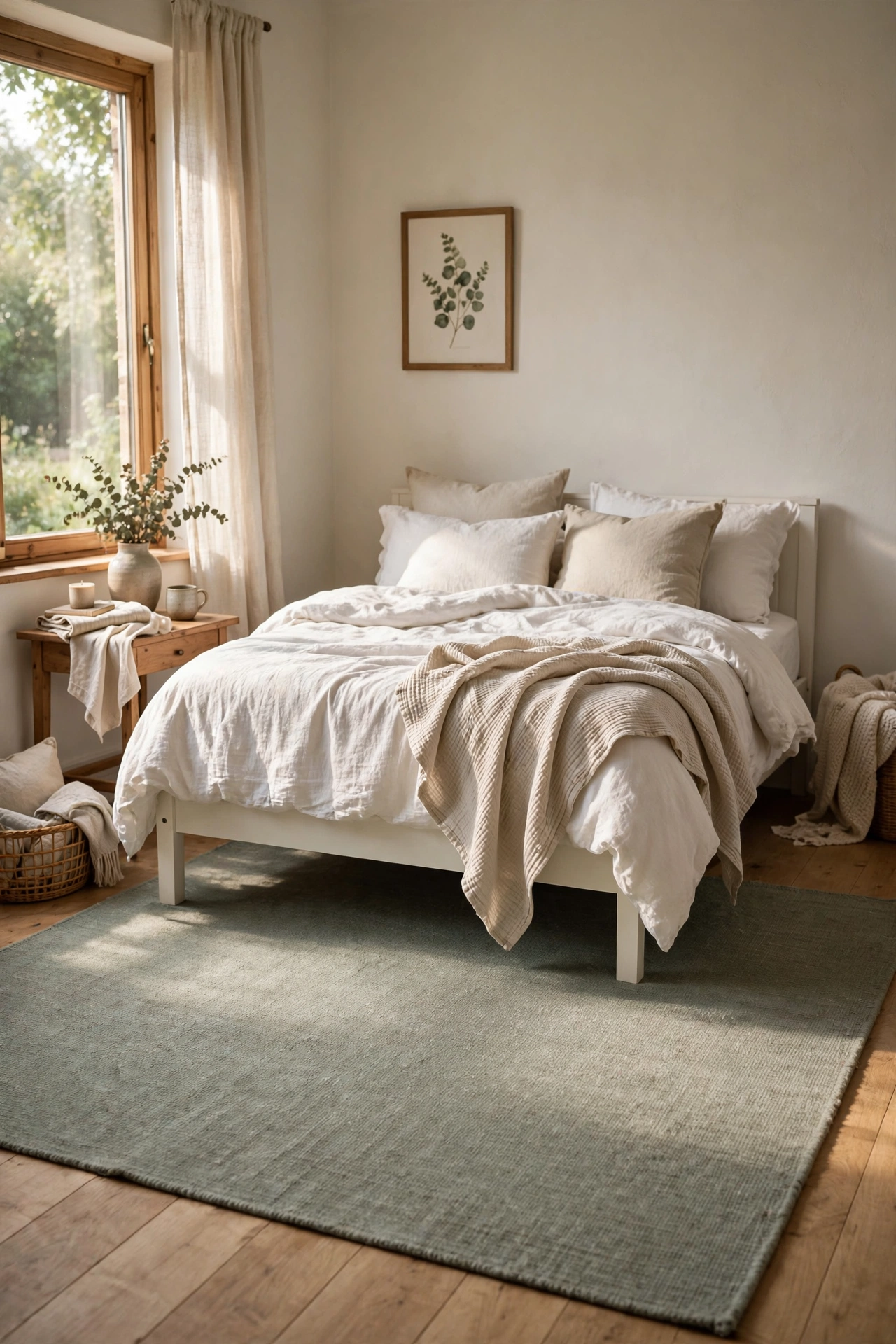 Muted sage flat-weave rug under a white bed in a calm bedroom