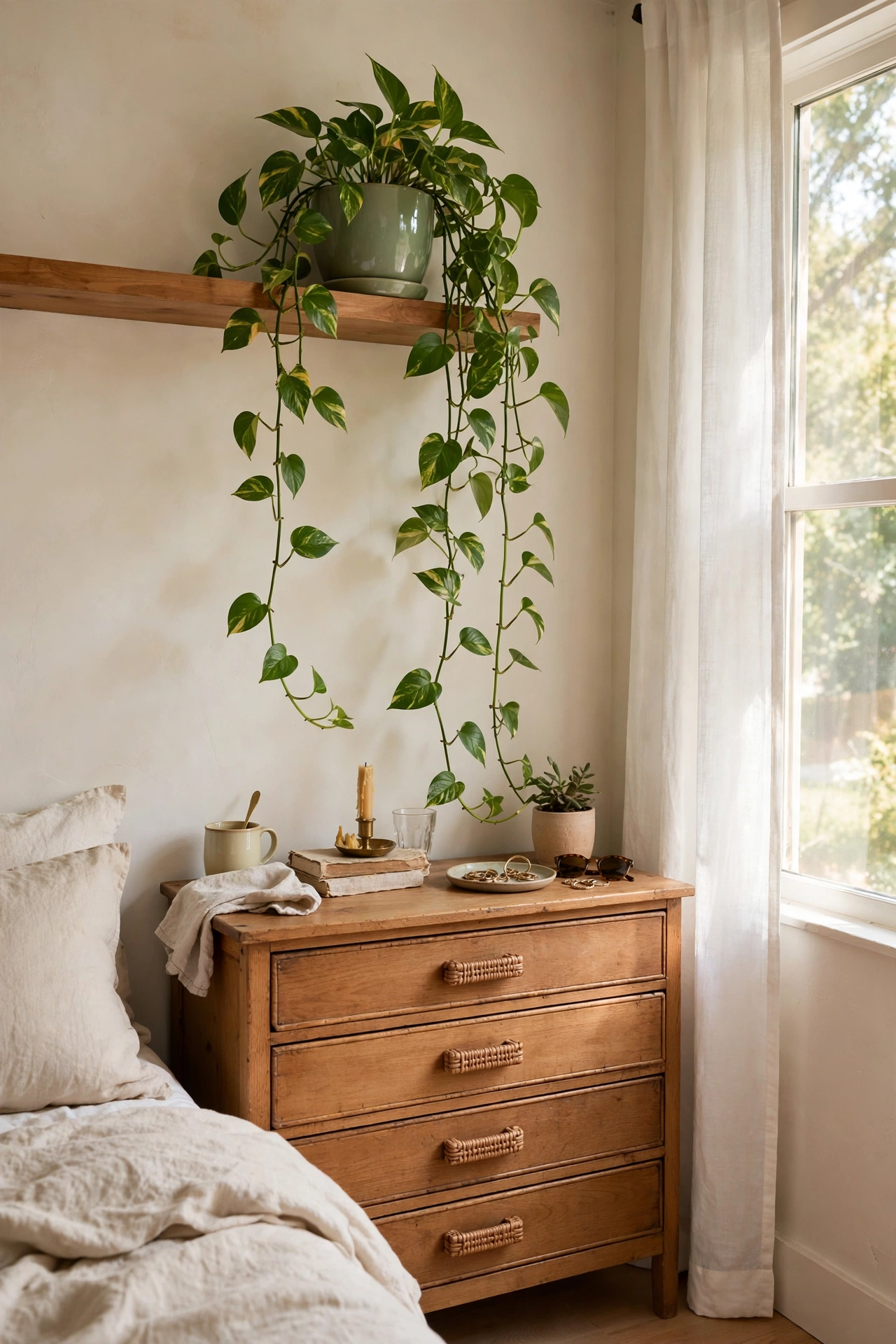 Trailing pothos plant in a sage pot on a high bedroom shelf