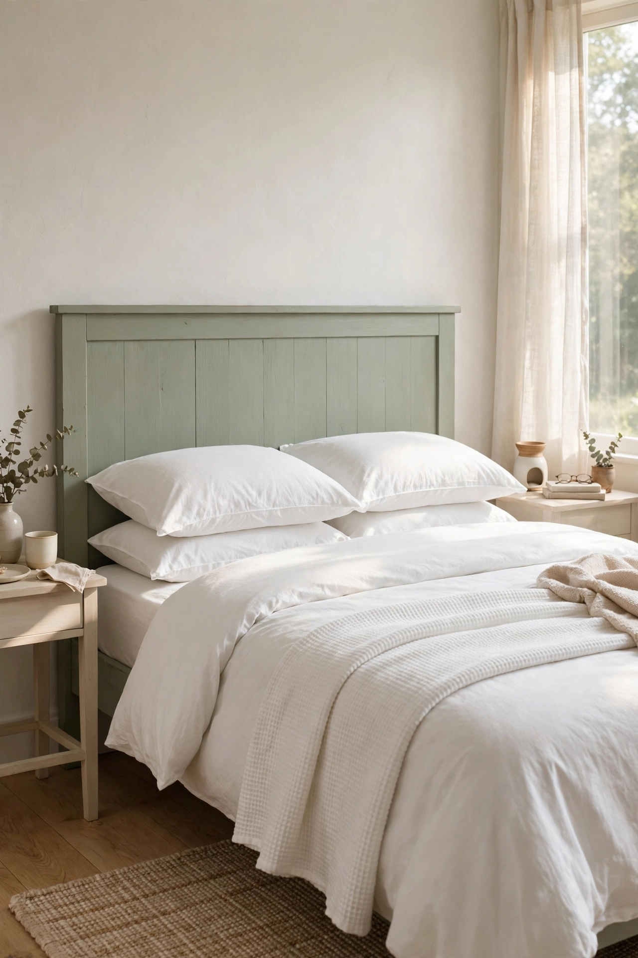 Simple pine headboard painted sage green behind white bedding