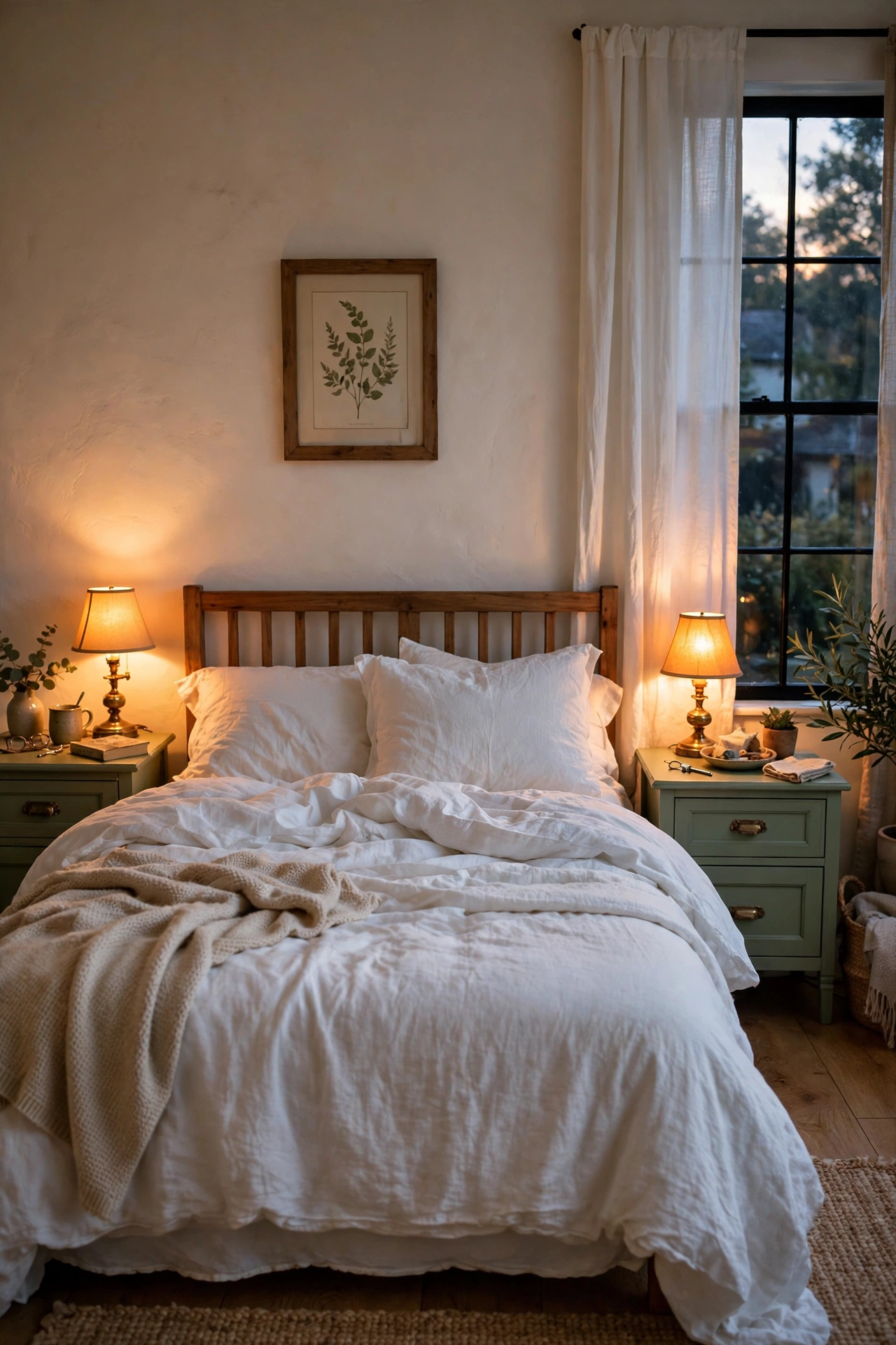 Pair of small vintage brass lamps glowing warm on sage nightstands