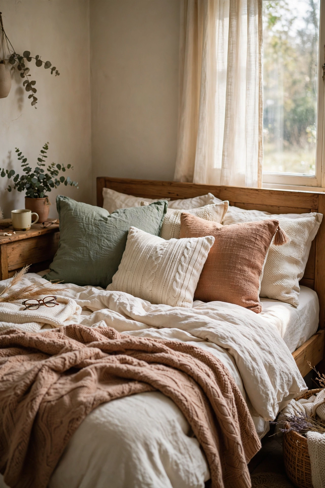 Bed styled with mixed sage, cream and terracotta throw pillows