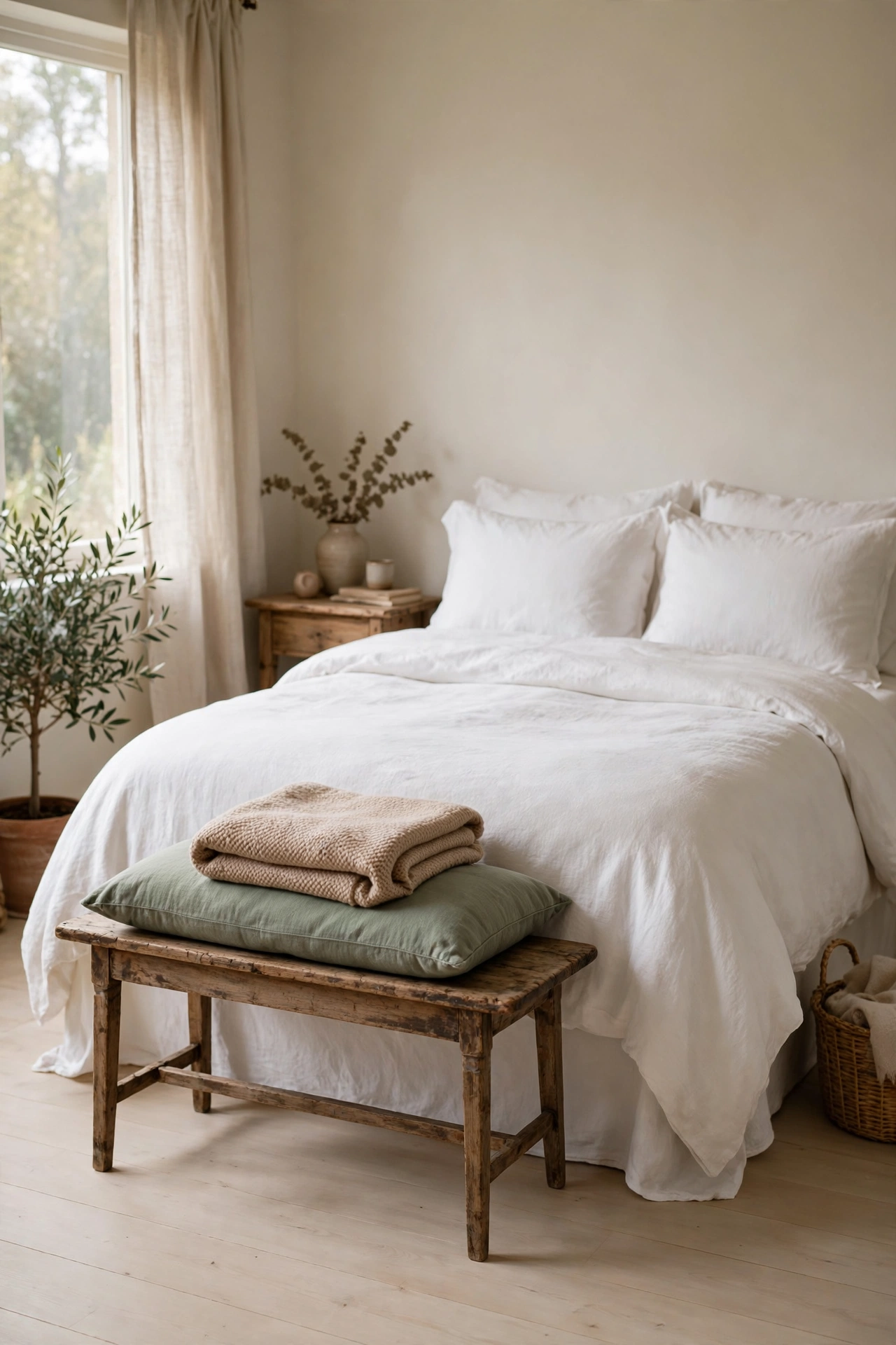 Slim wooden bench with a sage cushion at the foot of a bed